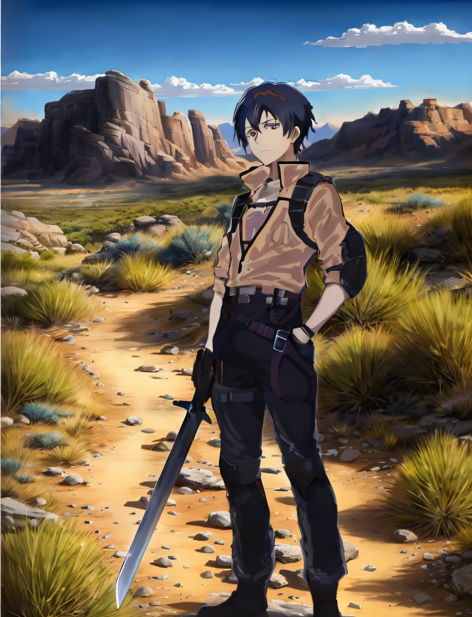 anime character with a sword standing in a desert area, kirito, key anime art, anime key art, official art, anime background key visual, anime key visual concept, key visual, portrait of eren yeager, anime key visual concept art of, sao, official anime artwork, okata kazuto, anime key visual”, rin, official character art