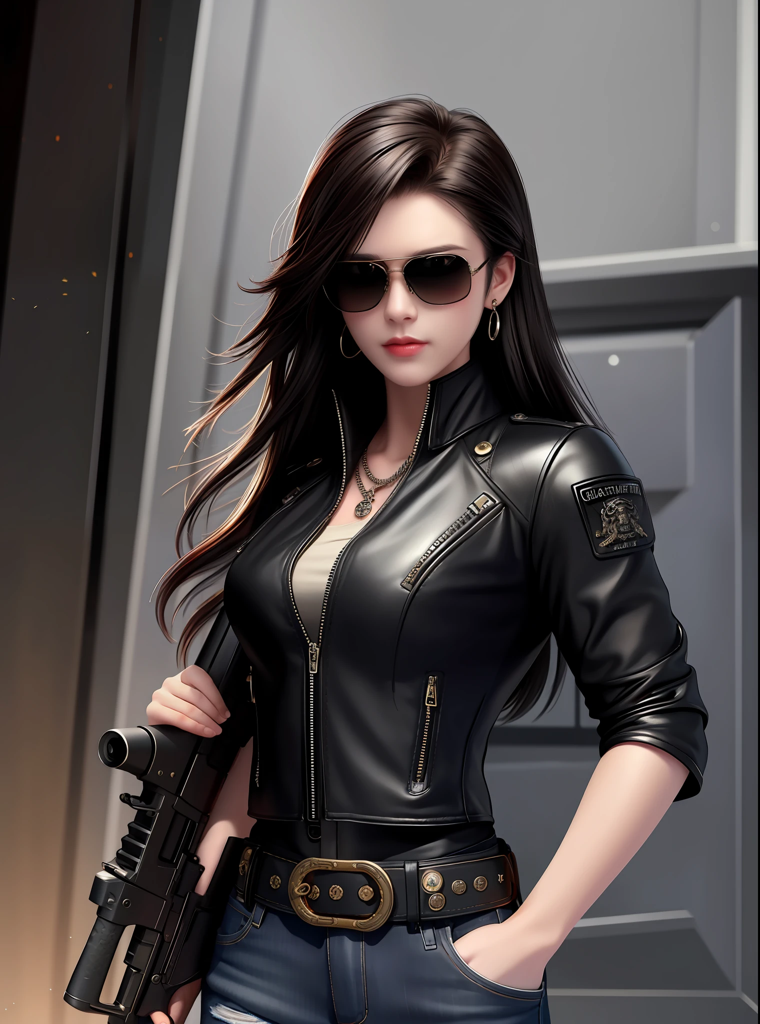 terminator, black sunglasses, medium black hair, jeans, bullet belt, rivets, ornate, with large gun, craftsman, royo fine art