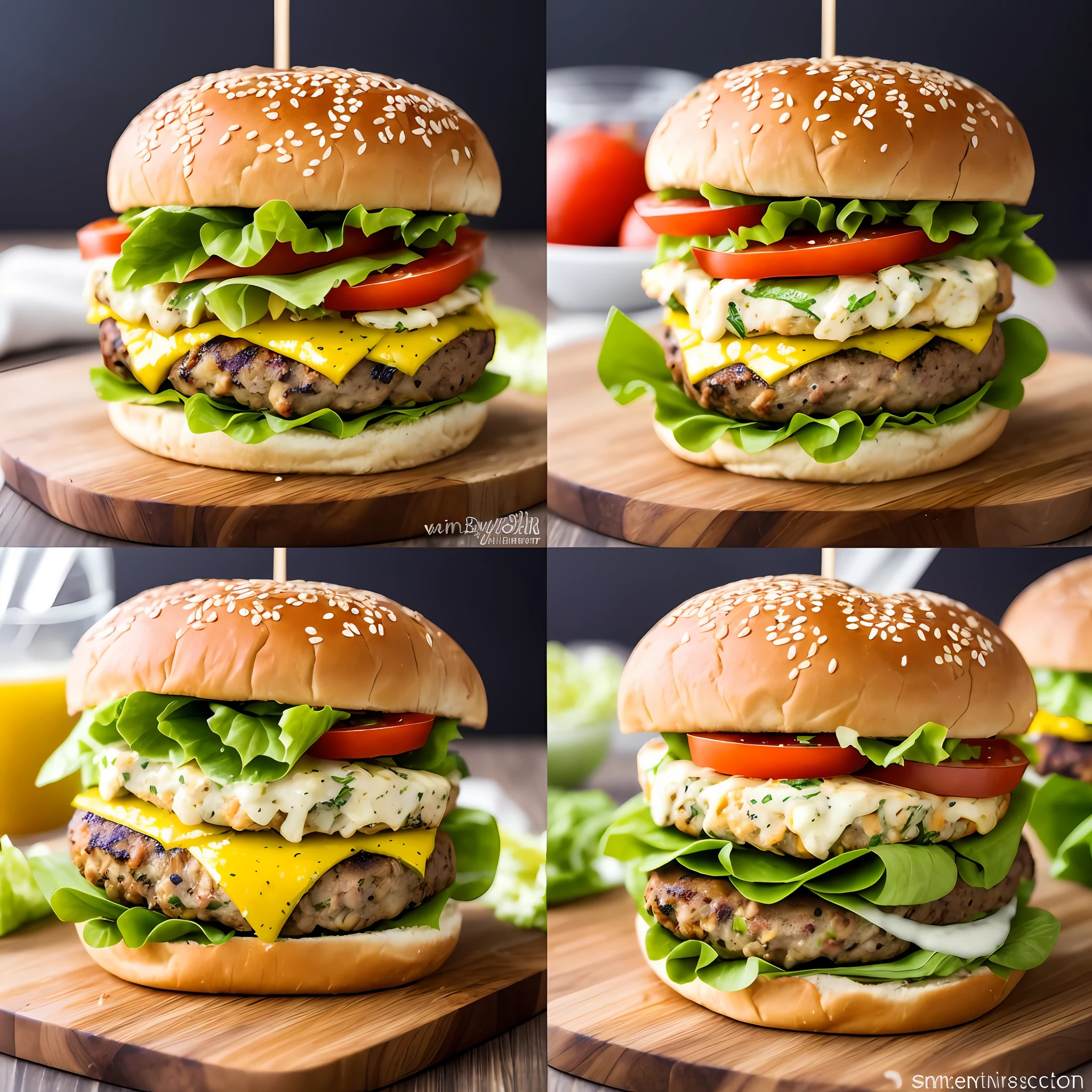 Create an image that depicts a Chicken Burger with Grilled Zucchini, a delicious and healthy dish for lunch. Visualize a juicy grilled chicken burger, topped with slices of lightly browned grilled zucchini. The burger should be on the bread, accompanied by fresh lettuce, tomato slices and melted cheese. The bread should be soft and lightly toasted, adding a crunchy texture to the set. The image should convey the feeling of a homemade and healthy burger, which awakens the appetite and invites viewers to try this lighter and tastier option --auto --s2