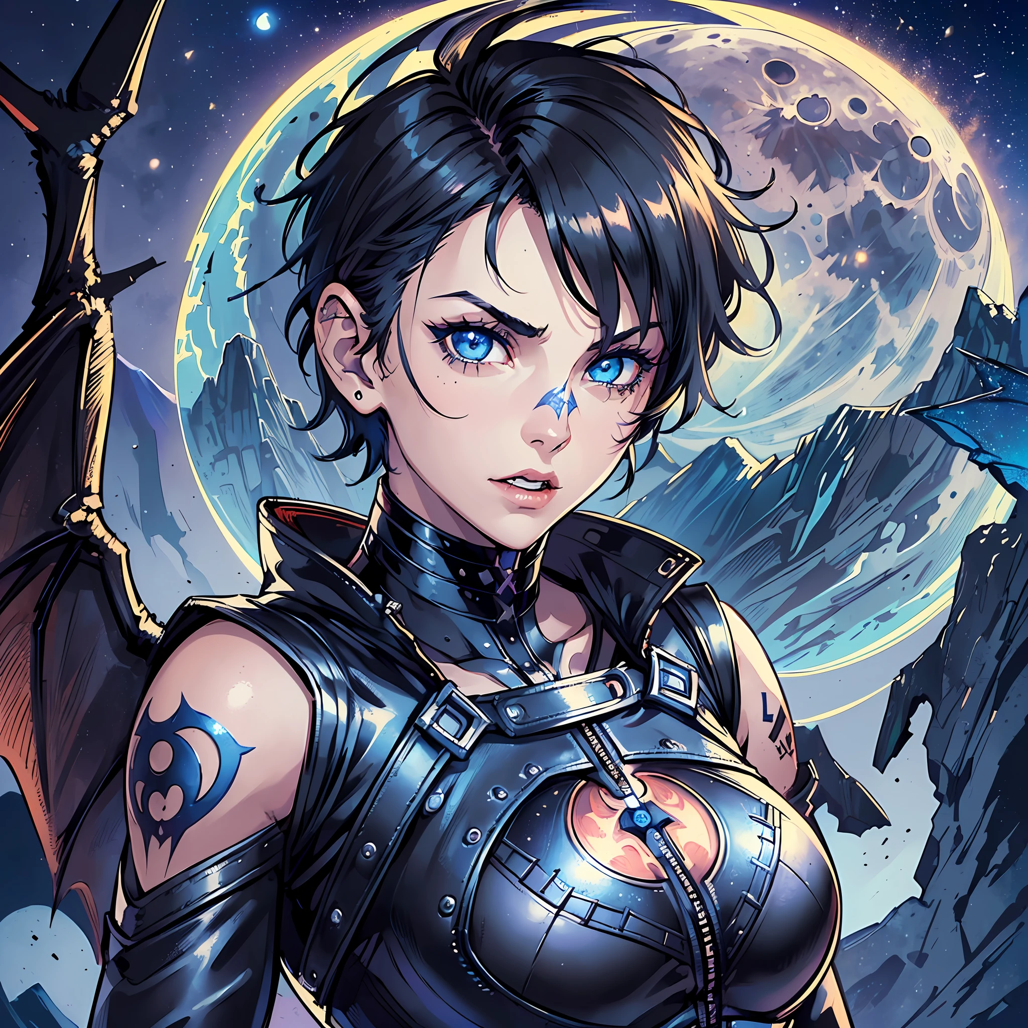 1girl, solo, bat wings, toned, ((HD IMAGE), ((detailed), villain expression, short hair, black hair, hair with sidecut, blue eyes tones, black leather clothing, tattoos, superhero powers, Landscape: mountain, moon, night, stars --auto --s2