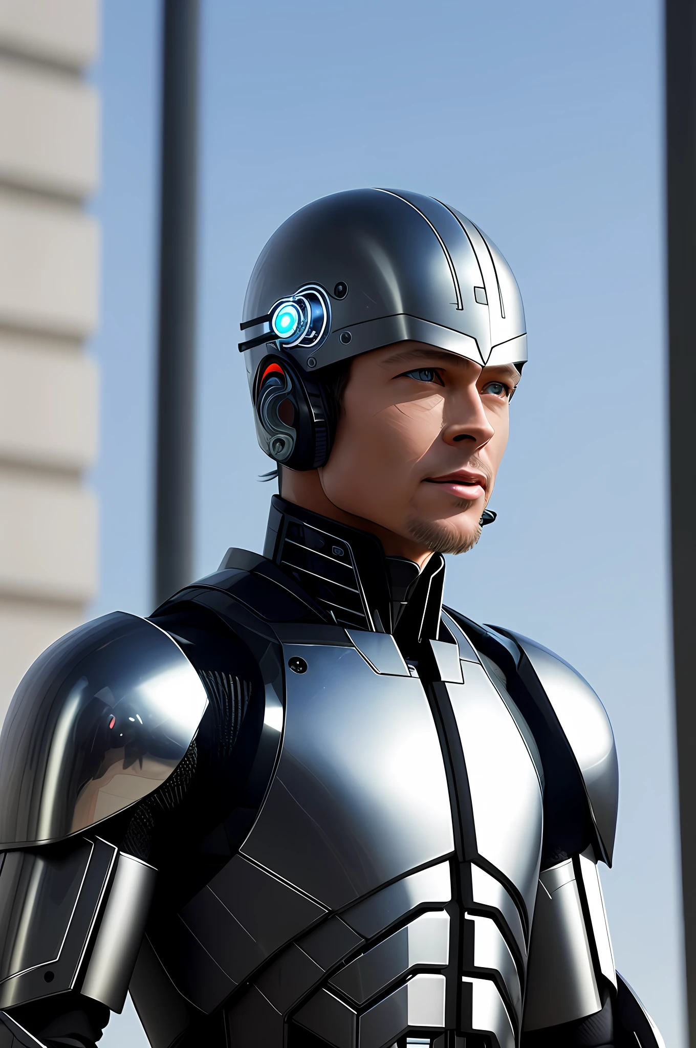 electronic system on the humanoid head |cyborg man equal to the American actor Brad Pitt, roboized head