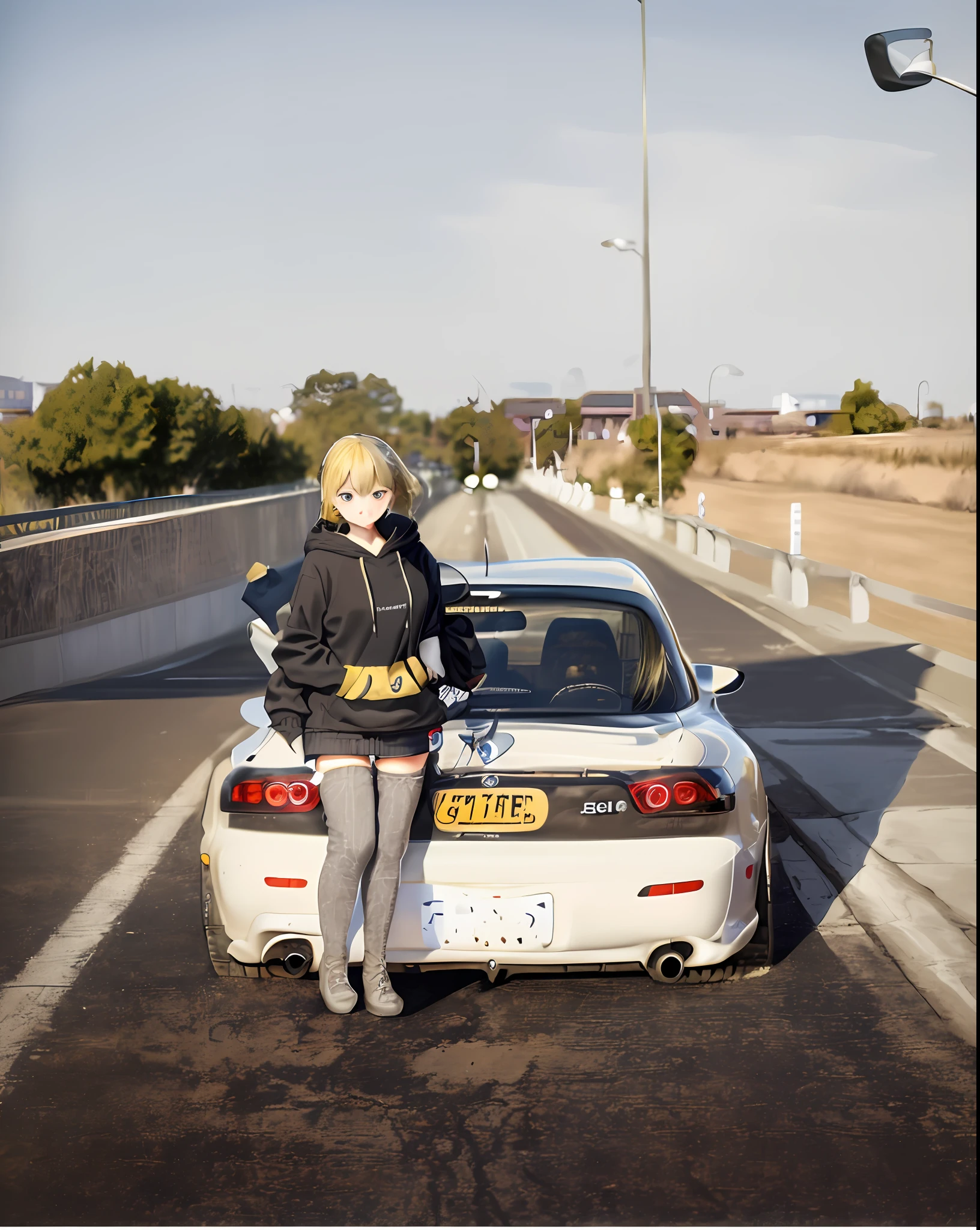 absurdres, ((masterpiece, best quality)),extremely_detailed_wallpaper, illustration,1girl,(girl:1.5),standing, (fullbody), [car],(yellow car:1)solo, (girl stand in front of car:1.5),sitting ,(blonde hair),(yellow hair) looking at viewer,bright,beautiful detailed sky,cloudy sky,city,light,motor vehicle,ground vehicle, sports car,vehicle focus, legs,(white thighhighs),(white footwear),denim shorts, (gray hoodie),