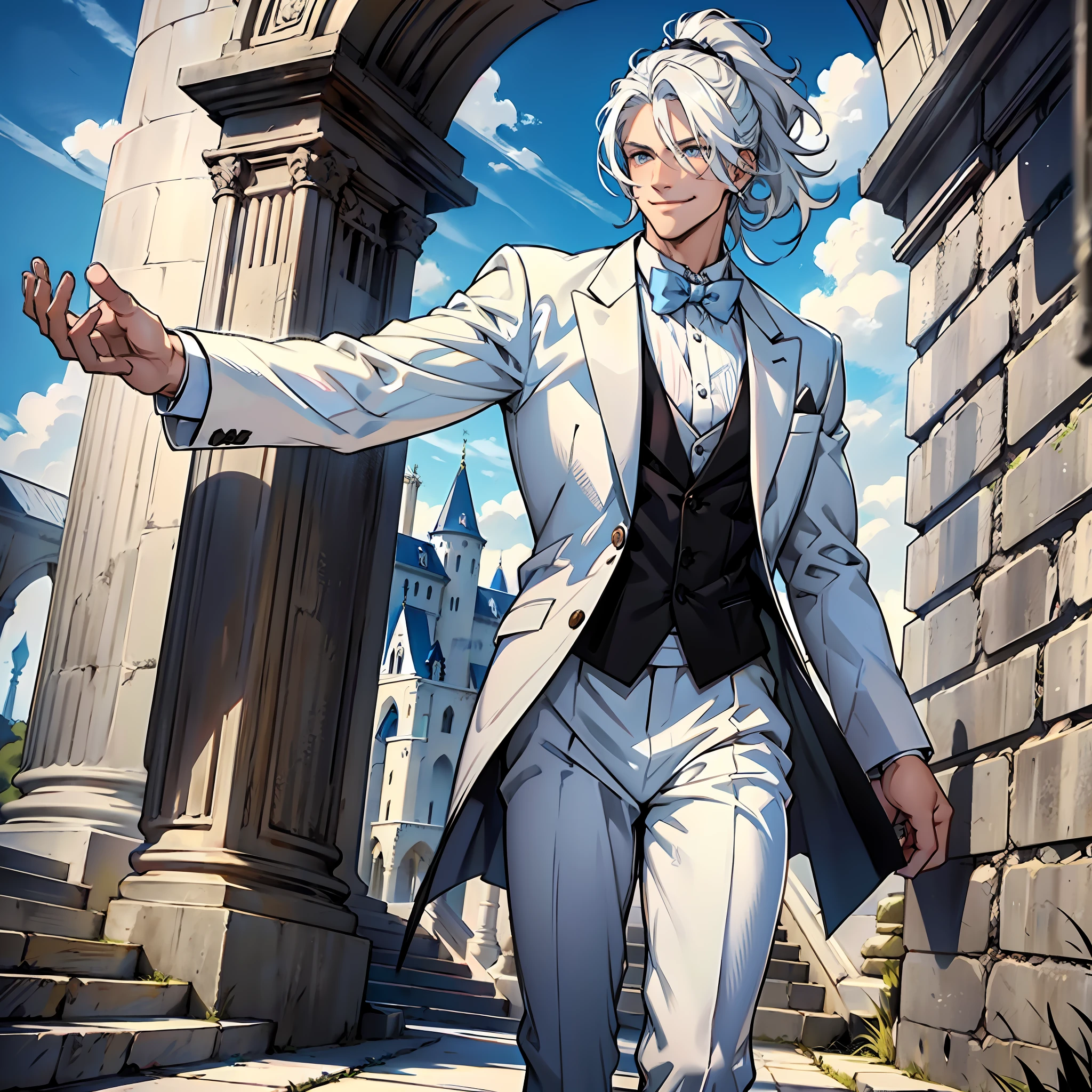 Beautiful man, strong physique, white colored social blouse, long black pants, white colored social shoes, white hair in ponytail, silver colored eyes, slender appearance, elegant, with outstretched arms, light blue bow tie, smiling look, old castle scenery, walking.