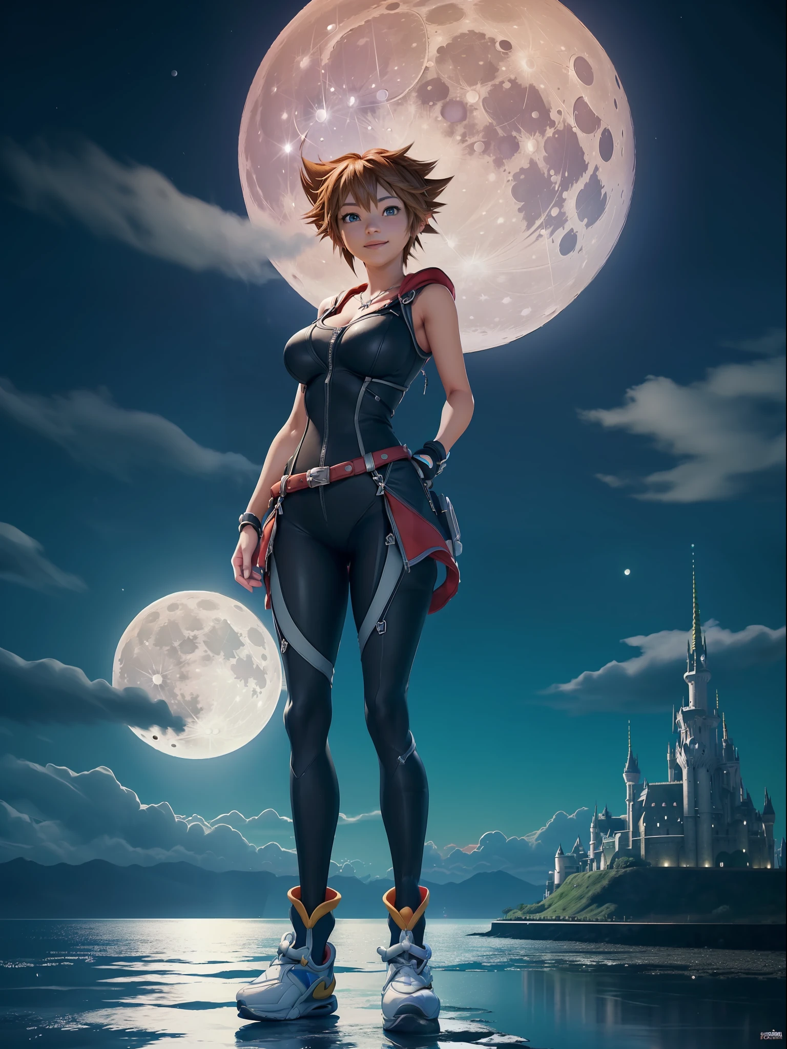 (Full body photo:1.7), (One/Woman/as Sora protagonist of Kingdom Hearts:1.5), (Big breasts:1.7), (Wearing the full outfit of Sora from kingdom hearts:1.3), (Looking at the viewer/smiling:1.3), (She's in a magical city/night/1 full moon in the sky:1.7), (She has the hair of Sora from kingdom hearts:  1.5), (blue eyes: 1.5), (extremely tight suit on the body: 1.7), (doing sensual poses while standing: 1.2), (Kingdom Hearts, award-winning, UHD, anime, high detail, 16k, high quality, masterpiece)