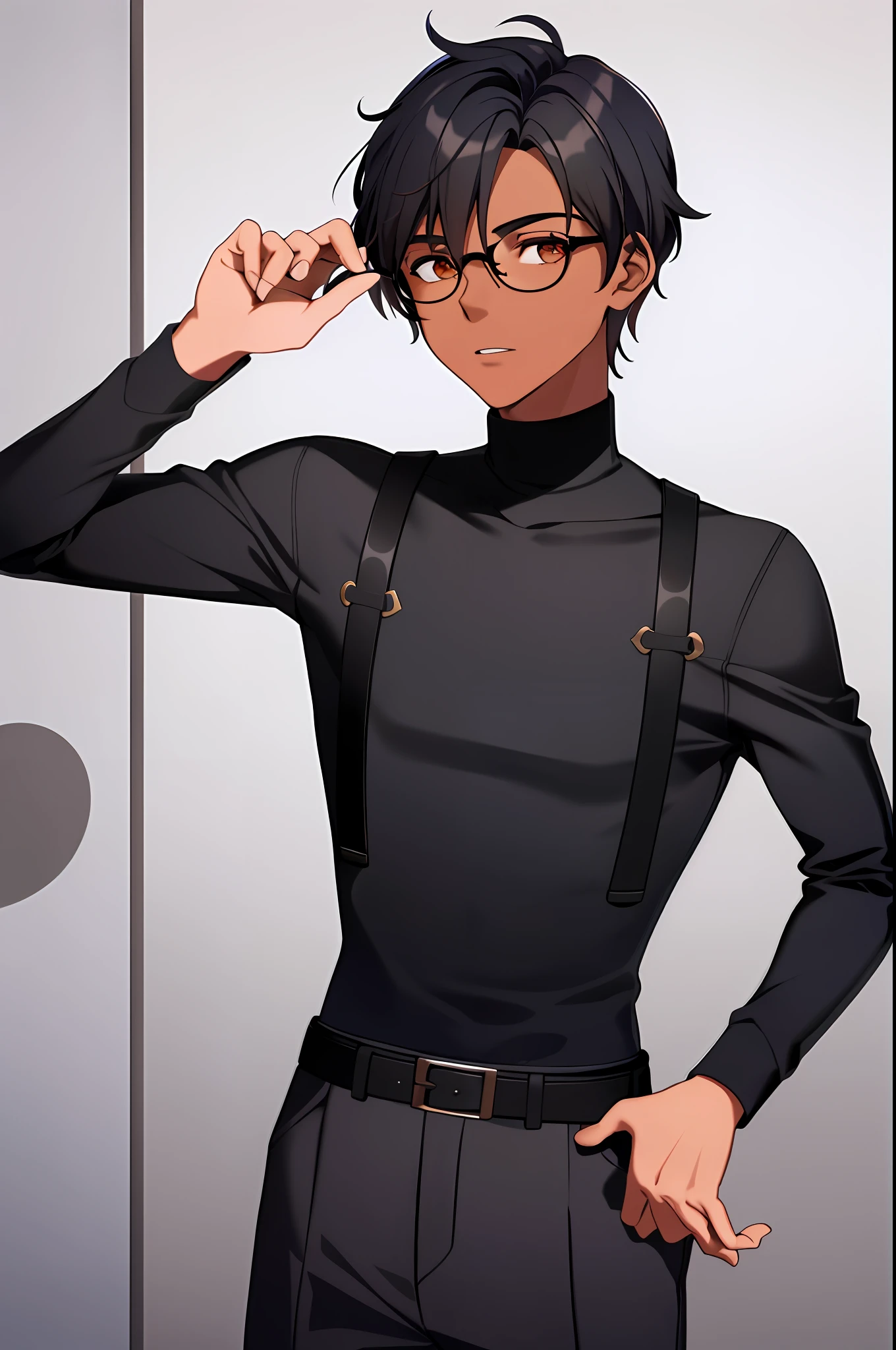 1boy, solo, ((obra-prima)), ((melhor qualidade)),  adult boy, (dark skin), skinny body, short messy red dyed hair, fishnet turtleneck clothes, round glasses, round face, (black skin), half body view