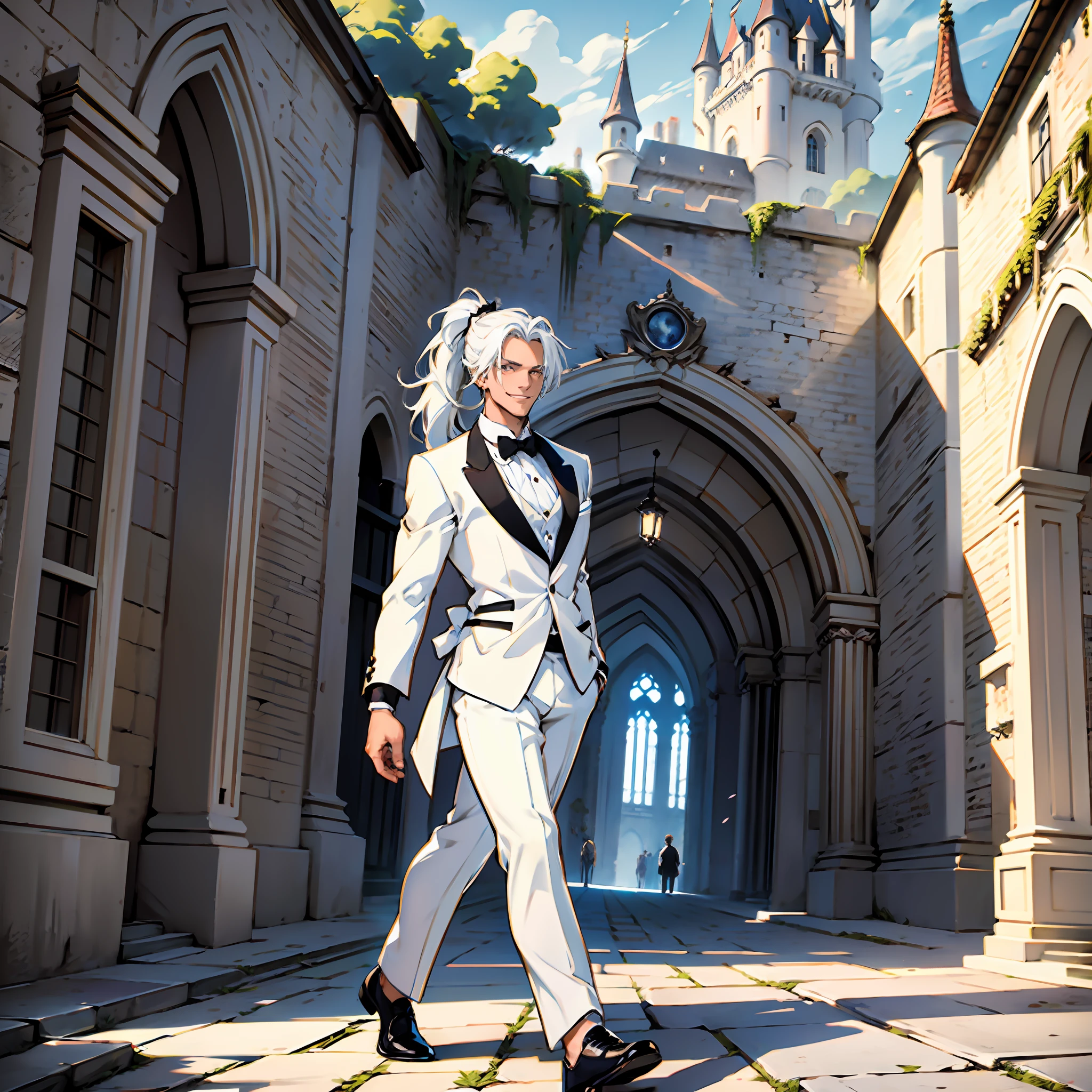 Beautiful man, strong physique, white colored social blouse, long black pants, white colored social shoes, white hair in ponytail, silver colored eyes, slender appearance, elegant, with outstretched arms, light blue bow tie, smiling look, old castle scenery, walking.