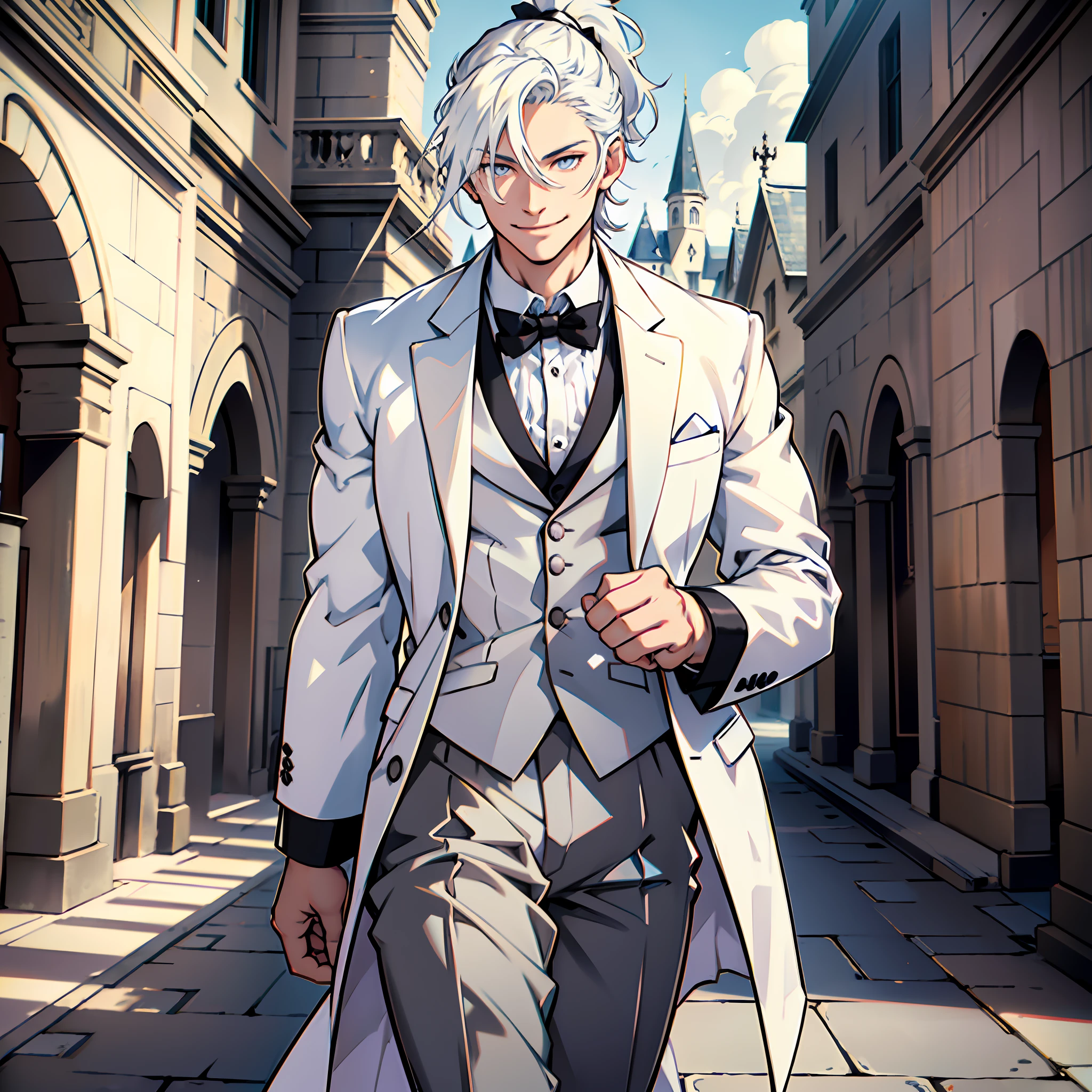 Beautiful man, strong physique, white colored social blouse, long black pants, white colored social shoes, white hair in ponytail, silver colored eyes, slender appearance, elegant, with outstretched arms, light blue bow tie, smiling look, old castle scenery, walking.
