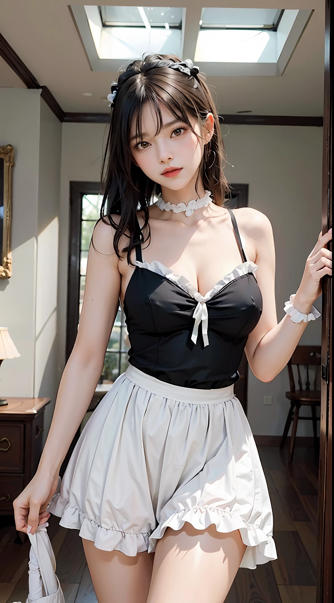 a woman is cleaning her house, wearing sexy maid dress in a sexy pose, 
good hand, 4k, highres, masterpiece, best quality, head: 1.3, ((Hasselblad photography)), finely detailed skin, sharp focus, (cinematic lighting), soft lighting, dynamic angle, [:(detailed face: 1.2): 0.2], medium breasts, (((inside the mansion))), black hair, yellow eyes