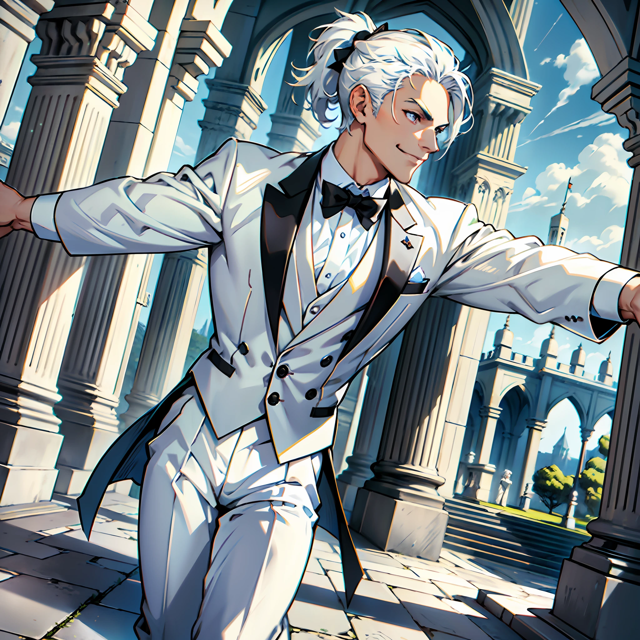 Beautiful man, strong physique, white colored social blouse, long black pants, white colored social shoes, white hair in ponytail, silver colored eyes, slender appearance, elegant, with outstretched arms, light blue bow tie, smiling look, old castle scenery, walking.