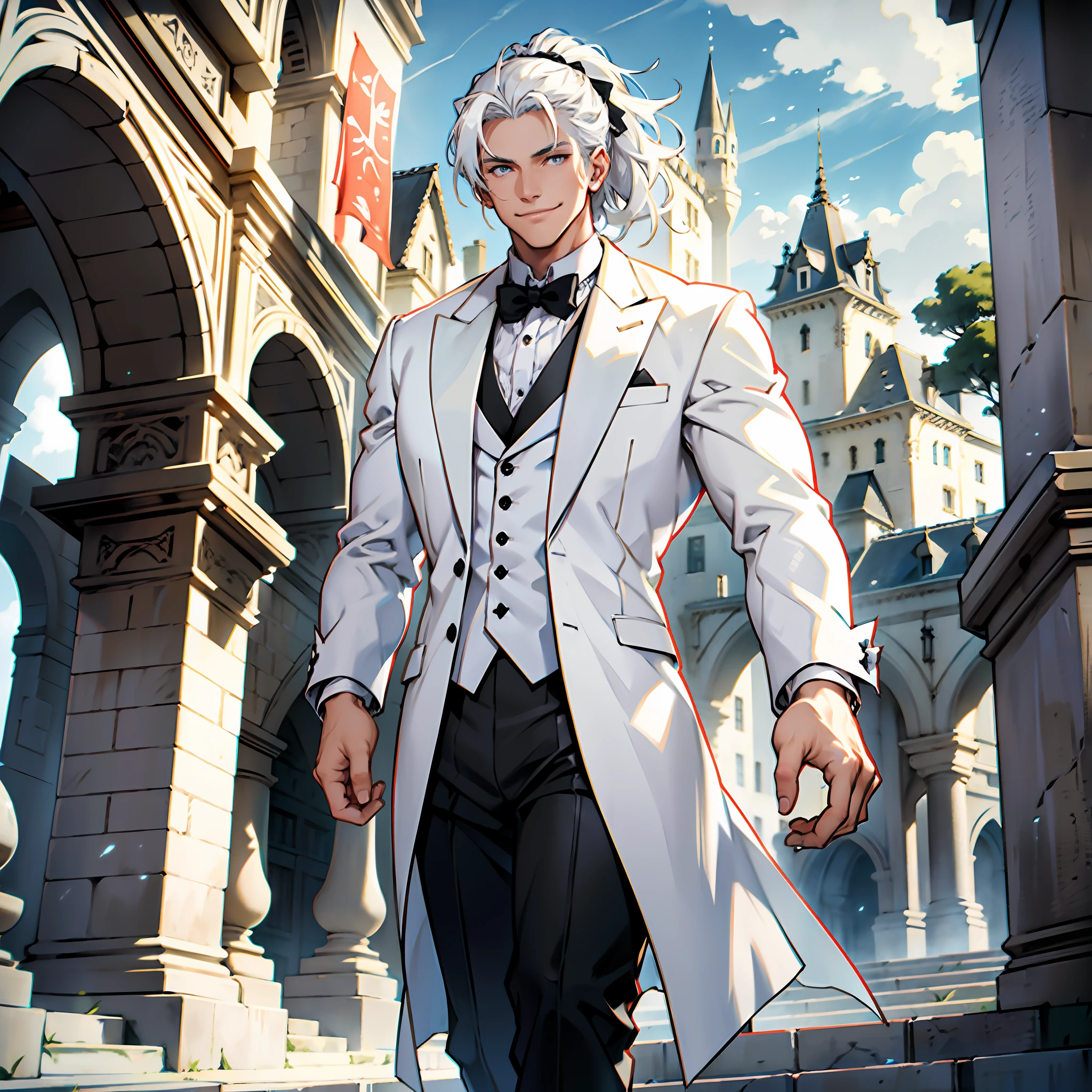 Beautiful man, strong physique, white colored social blouse, long black pants, white colored social shoes, white hair in ponytail, silver colored eyes, slender appearance, elegant, with outstretched arms, light blue bow tie, smiling look, old castle scenery, walking.
