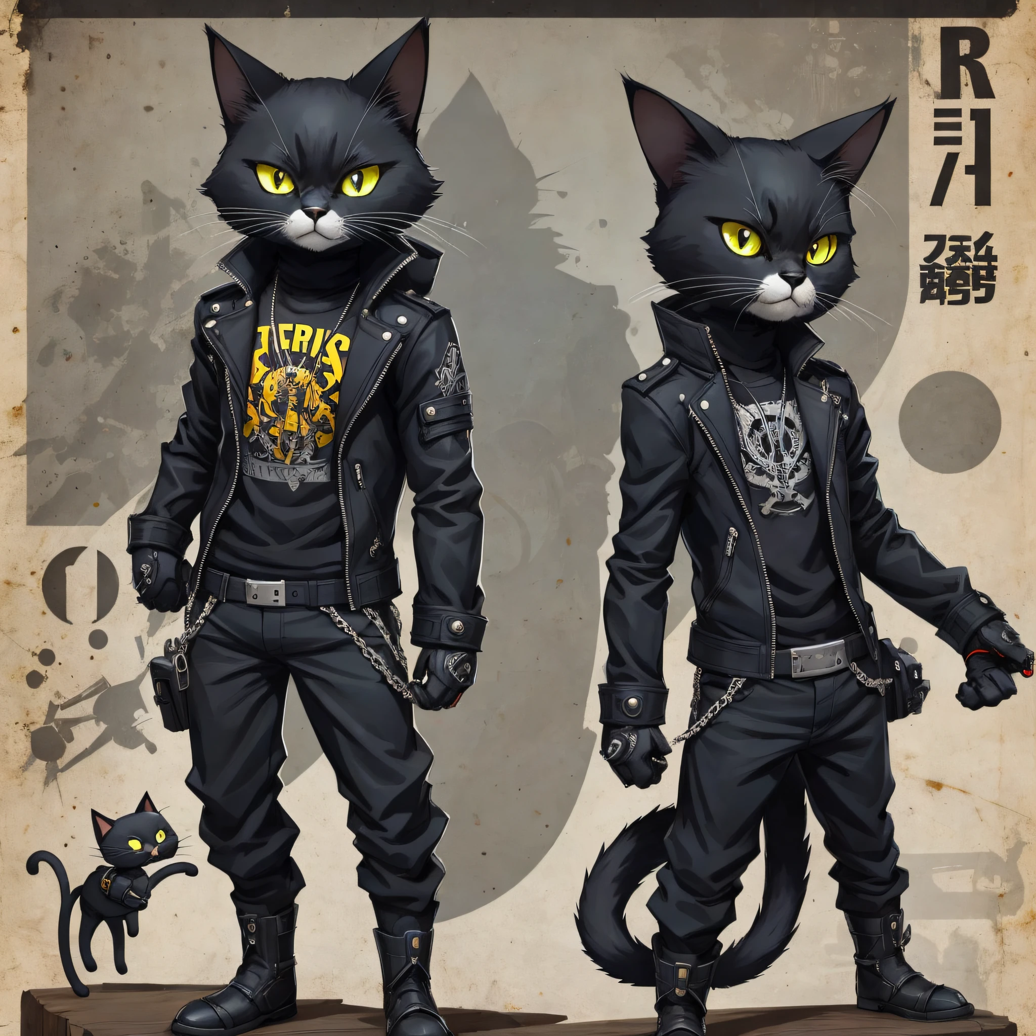 character standing looking forward, (Cat) anthropomorphic black, with black jacket, metalhead, bad boy, cute, cute, short, cartoon, 2D