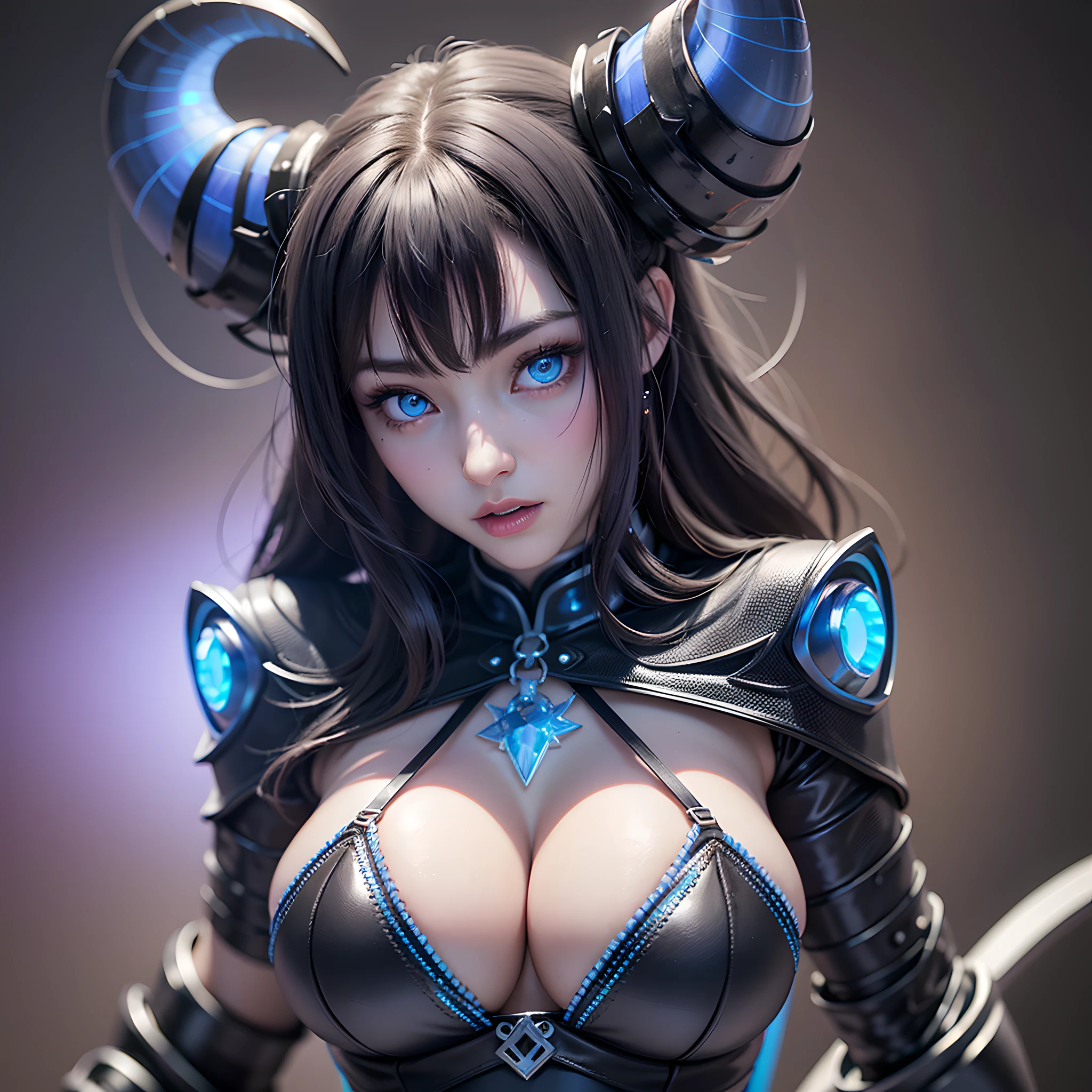 Best quality, masterpiece, highly detailed, Sexy female demon, black background, blue energy magic, blueglowing eyes, pale skin, dynamic pose, kawaii, fit build, gorgeous perfect face, in the style of realistic and hyper detailed renderings, zbrush, hyper realistic oil, contoured shading, dark scene, darkness, cleavage, huge breasts, slim waist, solo,