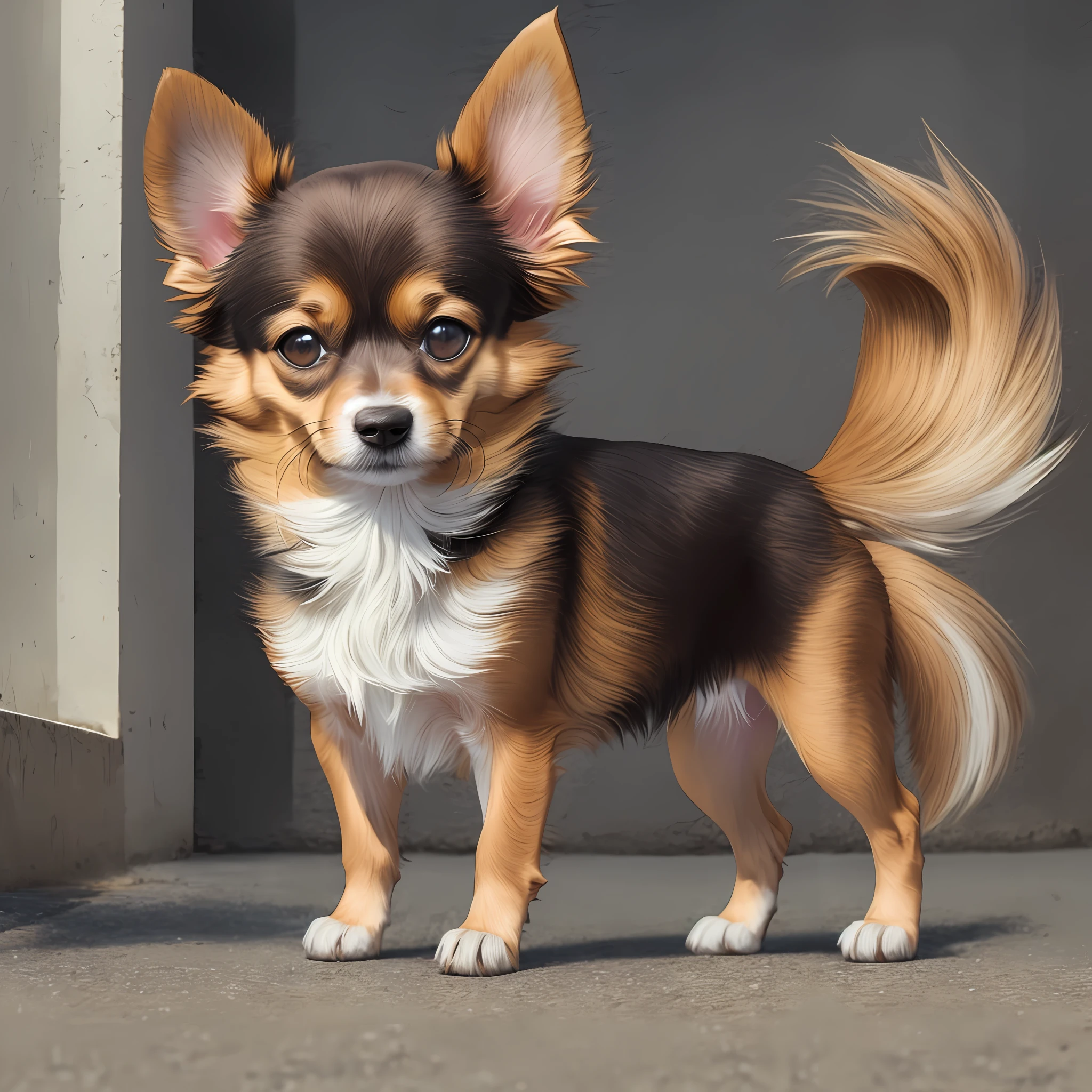 masterpiece, photorealistic 8k: there is a small dog that is standing on the ground, long-chihuahua fur, chihuahua, small dog, Pomeranian mix, brown:-2, secular chrose, half dog, beta male, Peruvian look, backpfeifengesicht, a beautiful, bright, malika favre, by Emma Andijewska, emaciated male --auto --s2