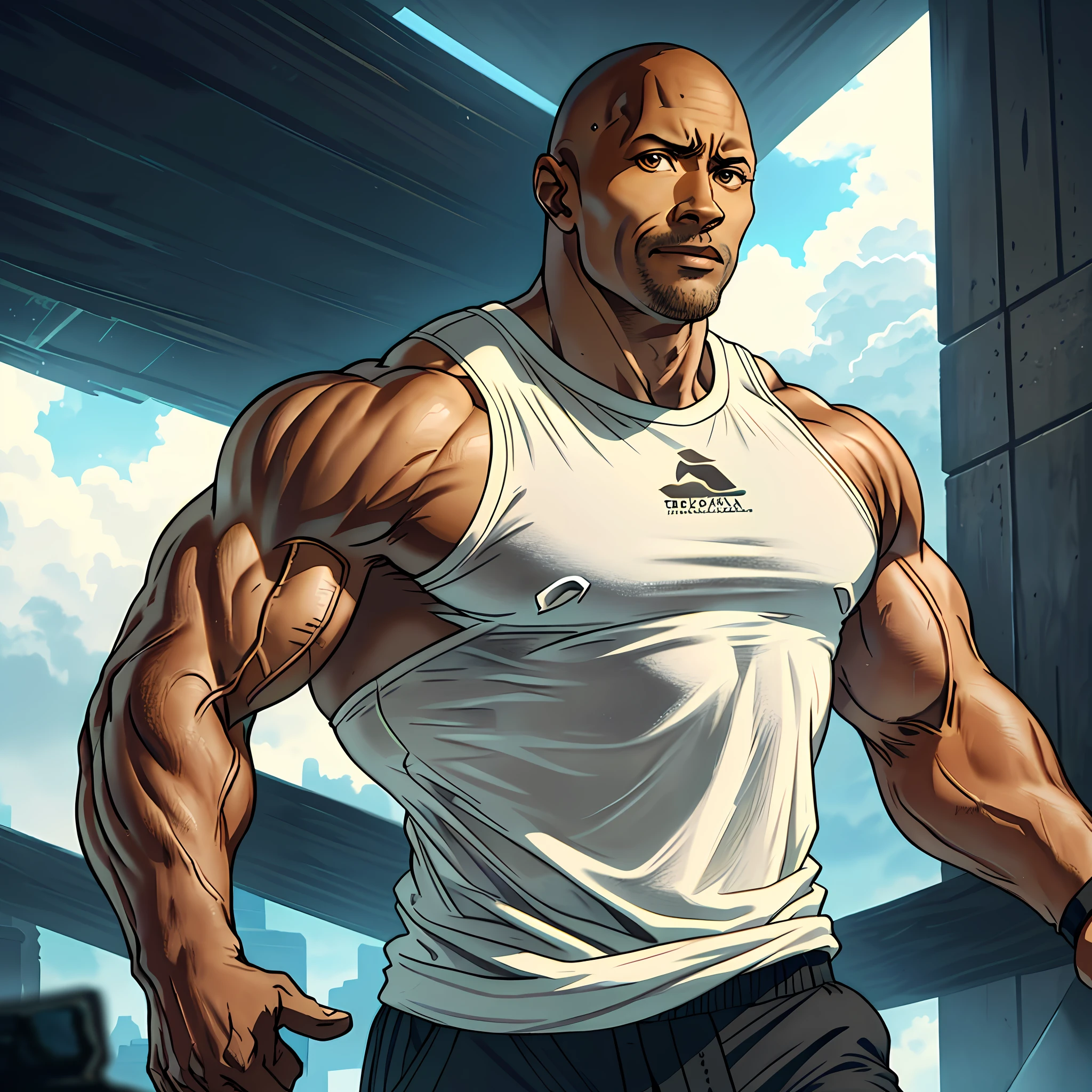 Dwayne Johnson, also known as "The Rock," is an actor, light beige T-shirt, imposing appearance. He has a brown skin, with a tanned skin tone and expressive brown eyes that convey intensity. His presence is marked by a tall, athletic stature, with defined muscles that reflect his dedication to physical training. With a captivating smile and a confident expression, Dwayne Johnson is a charismatic and recognizable figure both on and off screen. portrait