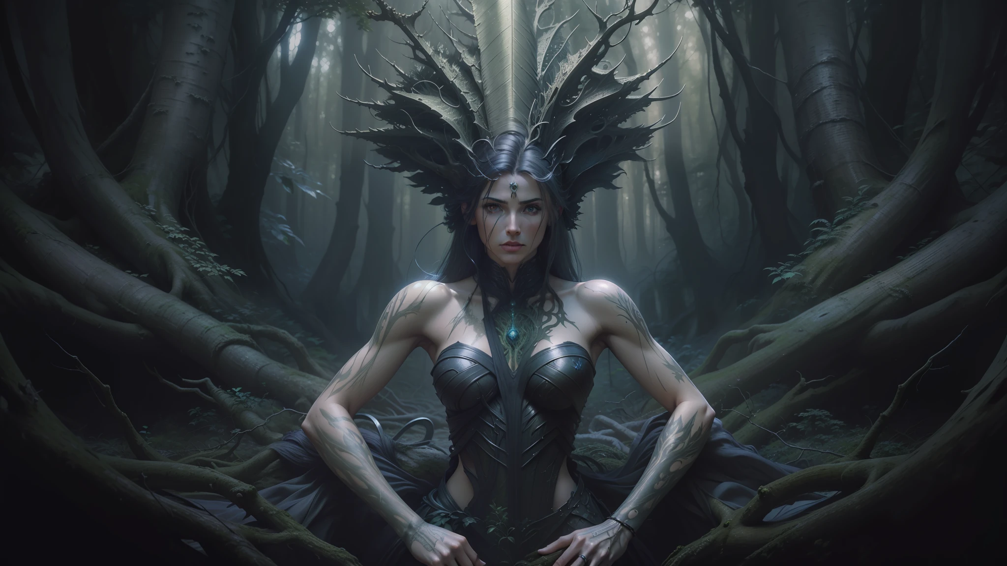 a close up of a woman in a forest with a tree, hyperrealistic luis royo, in style of luis royo, stunning 3d render of a fairy, luis royo and greg rutkowski, nekro iii, nekro xiii, stefan gesell, greg rutkowski and luis royo, hyperrealistic photo luis royo, biomechanical gaia --auto --s2