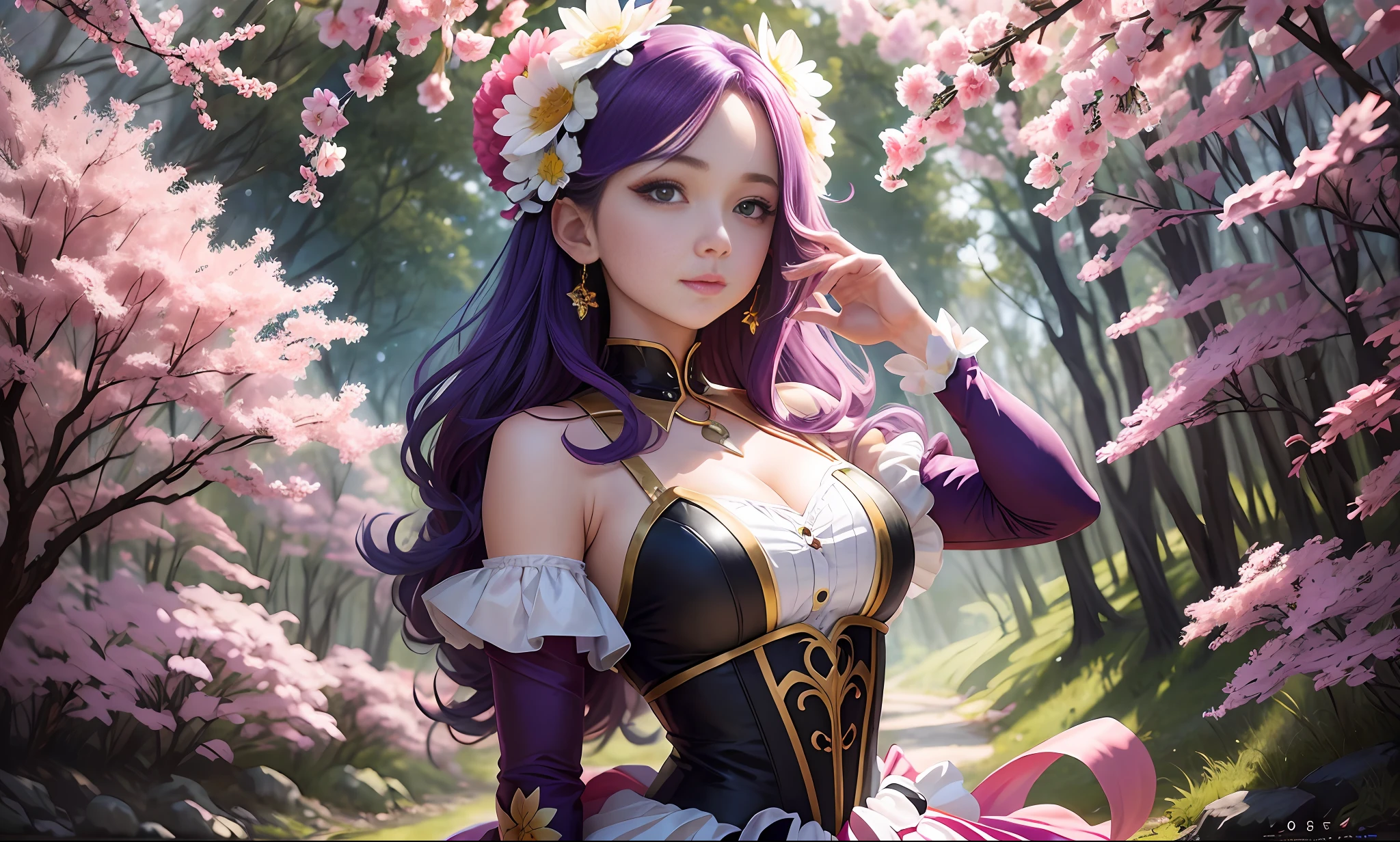"An exquisite spring outfit, with colorful hair, set in a beautiful outdoor scene, perfect for a magazine cover. The focus is on the upper body, evoking a gorgeous animeMagazineCover feel. This is a true masterpiece with the best quality."