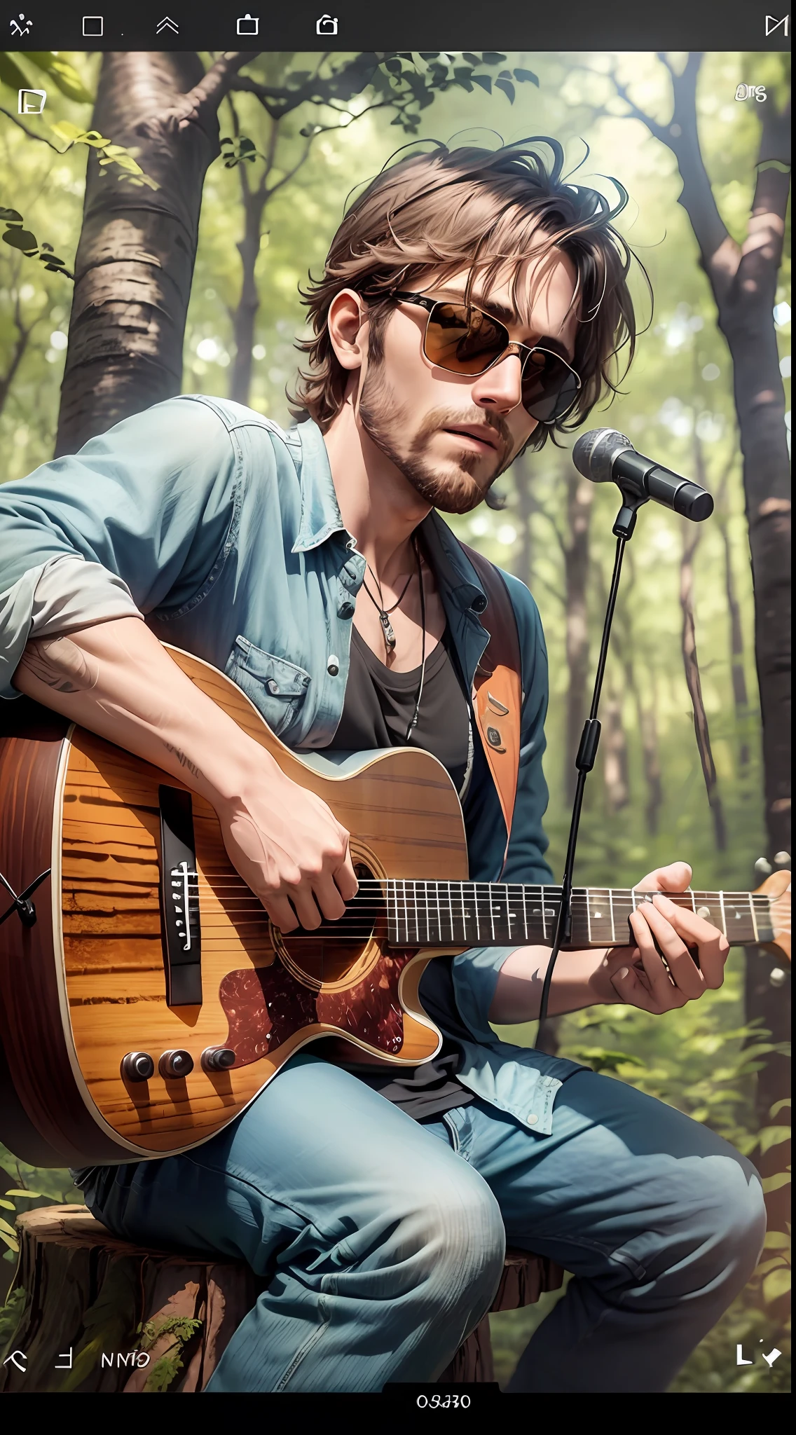man sitting on a tree stump playing a guitar, new music, trees in the background, singer-songwriter, in front of a forest background, performing a music video, YouTube video screenshot, Forrest in the background, wearing sunglasses, looking forward