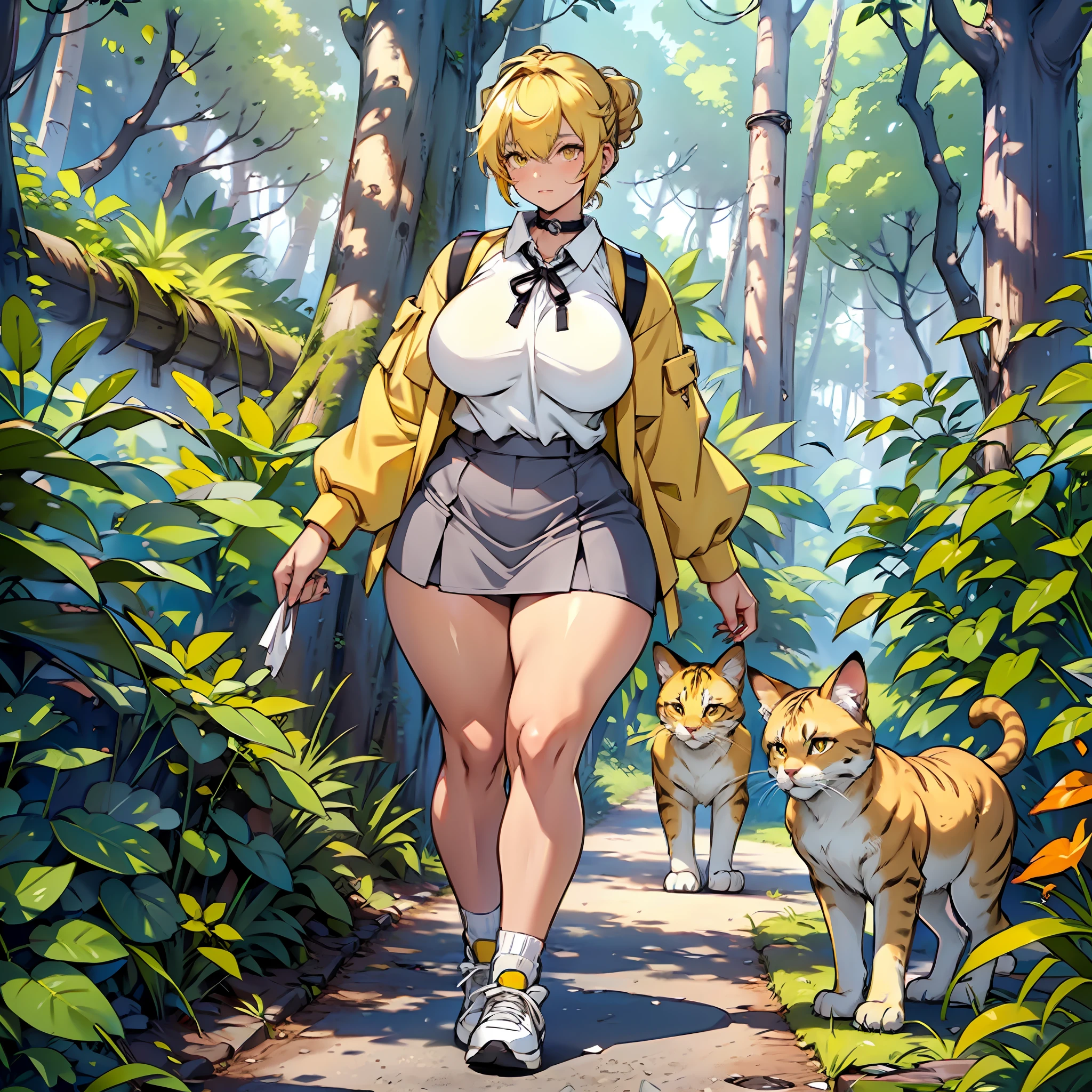 Kawaii teenager, curvy body, girl with thick thighs, small breasts, yellow blouse, white skirt, yellow sneakers, blonde hair up to neck height, short hair, hair clip, bangs, burnt yellow colored eyes, beautiful face, soft skin, mystical forest, walking alongside cats, felines in the forest.