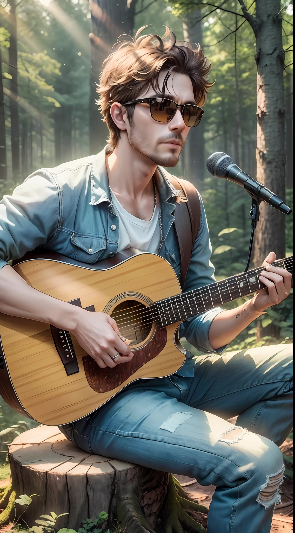 man sitting on a tree stump playing a guitar, new music, trees in the background, singer-songwriter, in front of a forest background, performing a music video, YouTube video screenshot, Forrest in the background, wearing sunglasses, looking forward