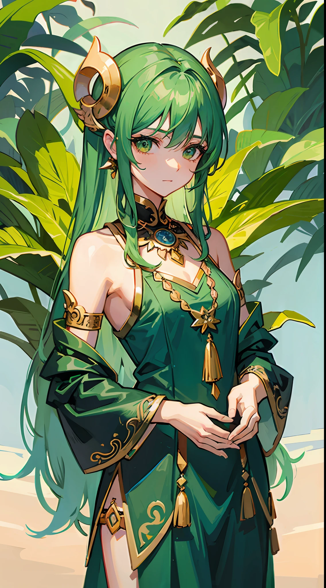 1girl, goddess, immortal, green clothes, dunhaung clothes, bare shoulders, green hair, long hair, hair ornament, necklace, plants, detailed background, cowboy shot
