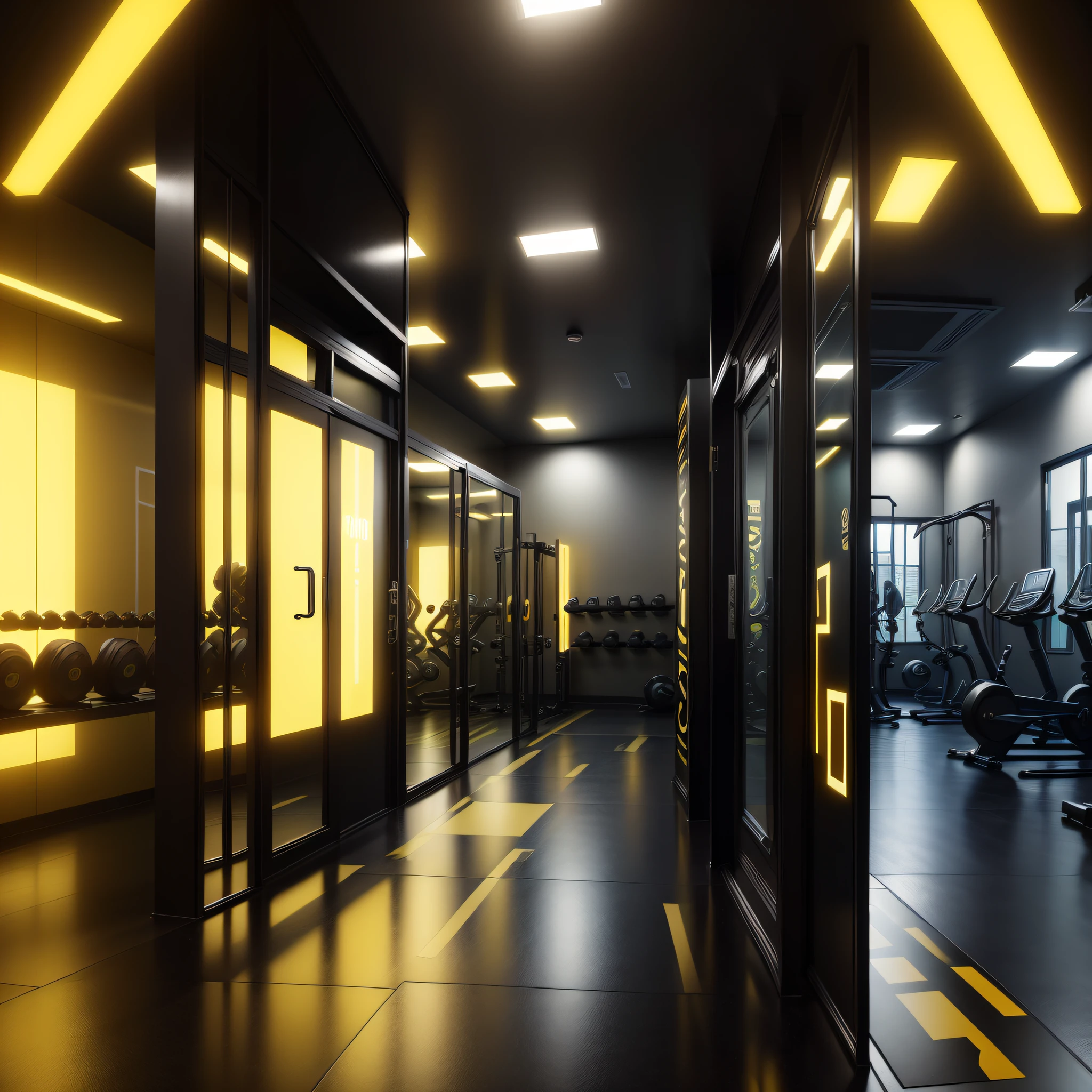 "a gym with a predominance of black and yellow color, brand "FIT OPTION", with futuristic elements and reflected lighting, insert designed, multiple perspectives, room with 10 fitness men, in 4K resolution."