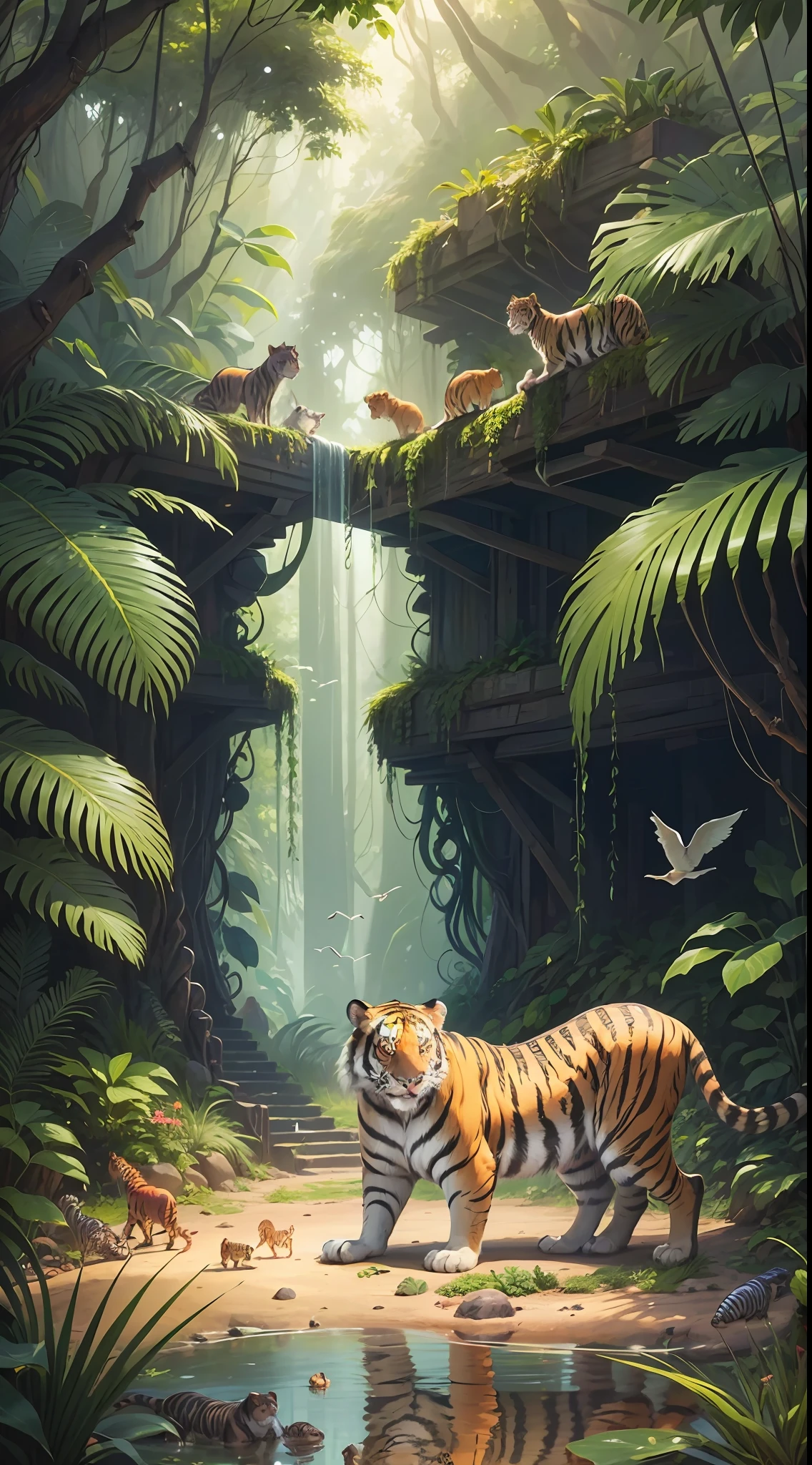 a paisamge of a tiger, monkey, horses, birds, reptiles and other animals in a jungle, detailed beautiful animals, wildlife illustration, animal painting, full of fauna, wild animals, lush wildlife, majestic pose, bright fauna, horses, monkeys, birds, reptiles, wildlife drawing, in jungle, peaceful looking animals, jungle nature, animal world --auto --s2