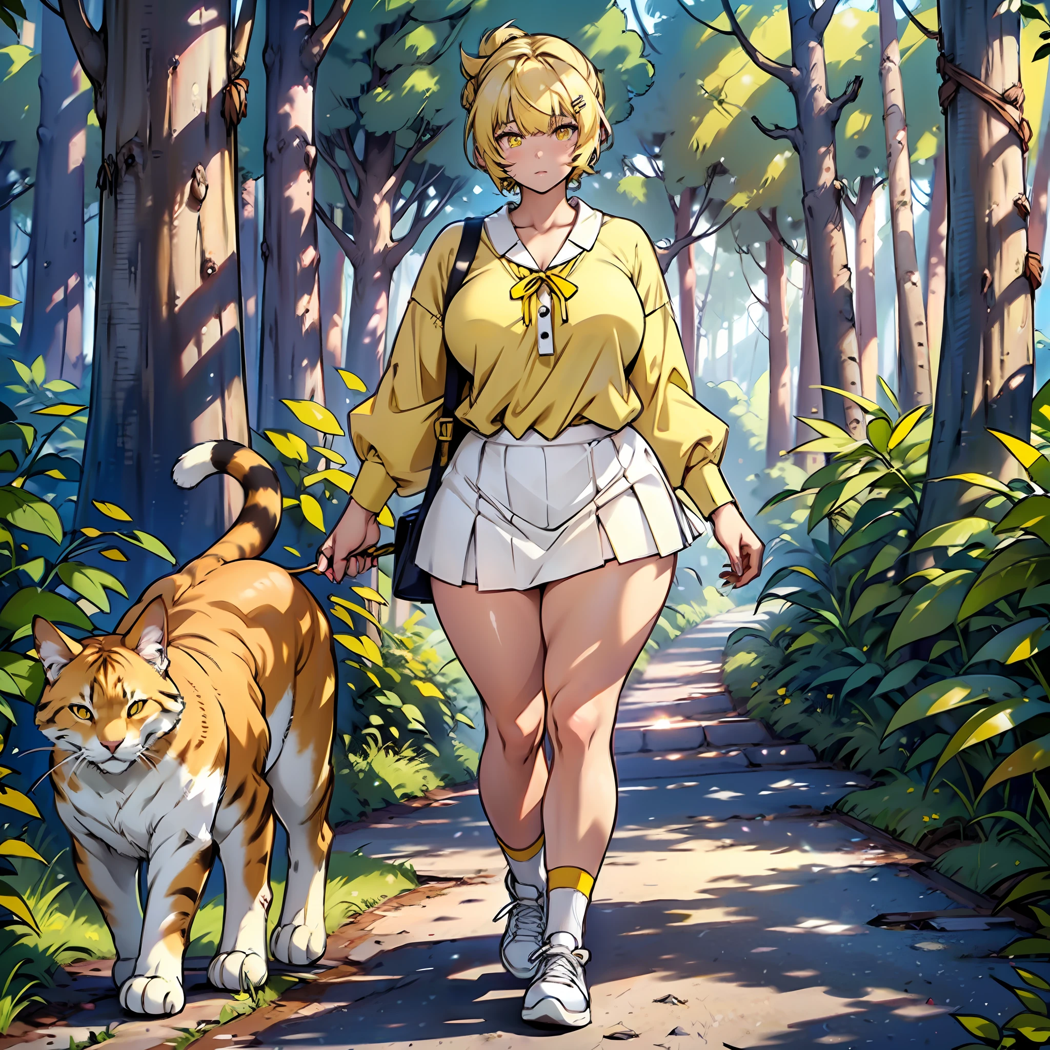 Kawaii teenager, curvy body, girl with thick thighs, small breasts, yellow blouse, white skirt, yellow sneakers, blonde hair up to neck height, short hair, hair clip, bangs, burnt yellow colored eyes, beautiful face, soft skin, mystical forest, walking alongside cats, felines in the forest.