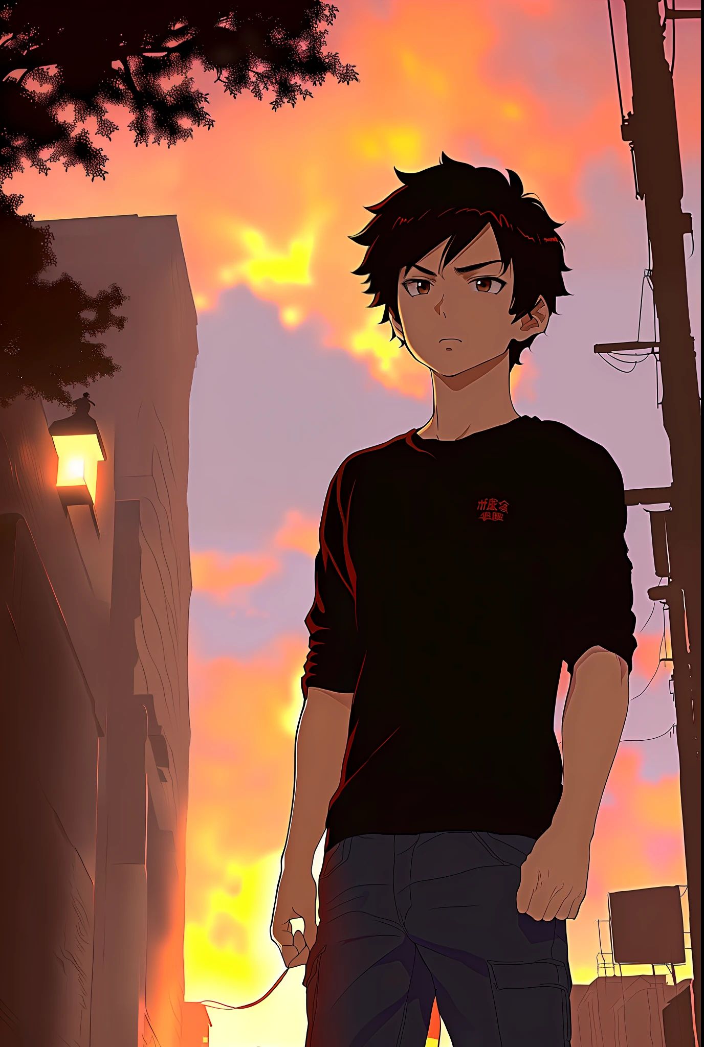 (masterpiece, best quality), intricate details, 8k, artstation, wallpaper, official art, splash art, sharp focus, 1boy, short hair, brown eyes, black hair, Anime Screencap, Boku No Hero, Horikoshi Kouhei, Screencap, Street, Wall, Trees on fire, hands coming out red ray.