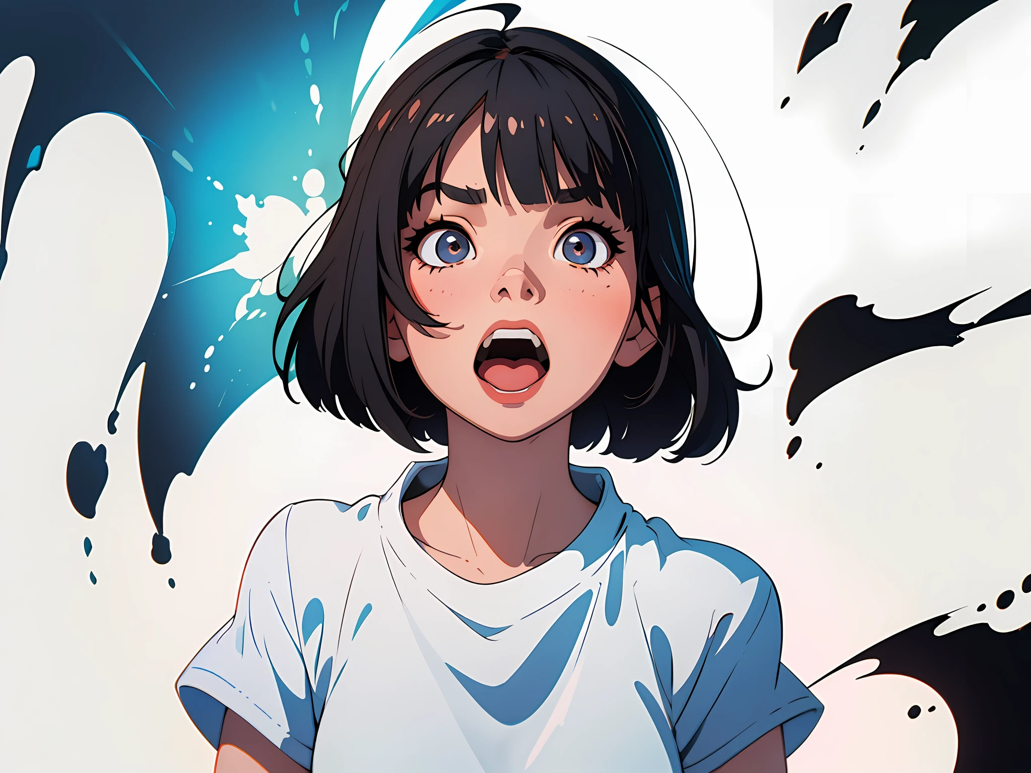 (best quality, masterpiece), 1girl, black bob cut hair, (white tshirt), screams in terror, eyes wide, mouth open wide, shocking face, white background walls