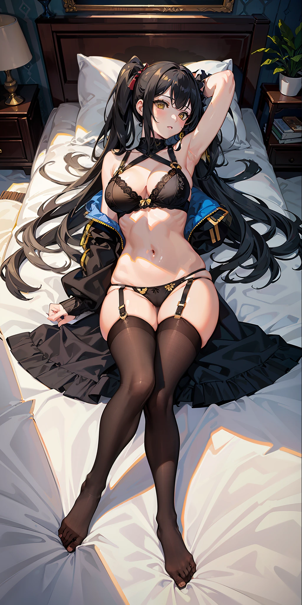 Masterpiece, superior quality, high resolution, solo, large breasts, yellow eyes and twintail black hair, indoors, bra, thong, (reaching: 1.2), lying down, from above, arms open, bed, shaggy underwear, sensual expression, pantyhose, crossed legs