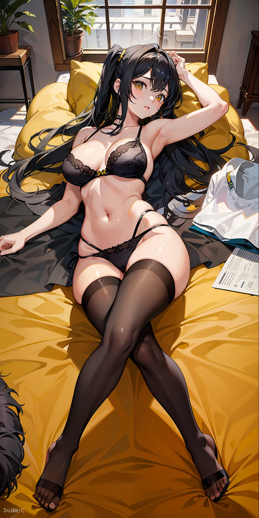 Masterpiece, superior quality, high resolution, solo, large breasts, yellow eyes and twintail black hair, indoors, bra, thong, (reaching: 1.2), lying down, from above, arms open, bed, shaggy underwear, sensual expression, pantyhose, crossed legs