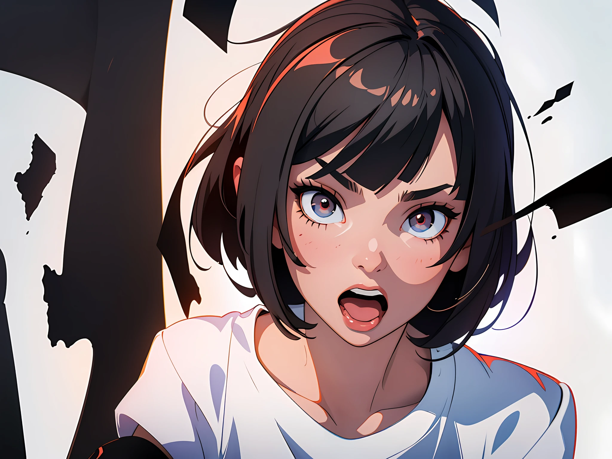(best quality, masterpiece), 1girl, black bob cut hair, (white tshirt), screams in terror, eyes wide, mouth open wide, shocking face, white background walls
