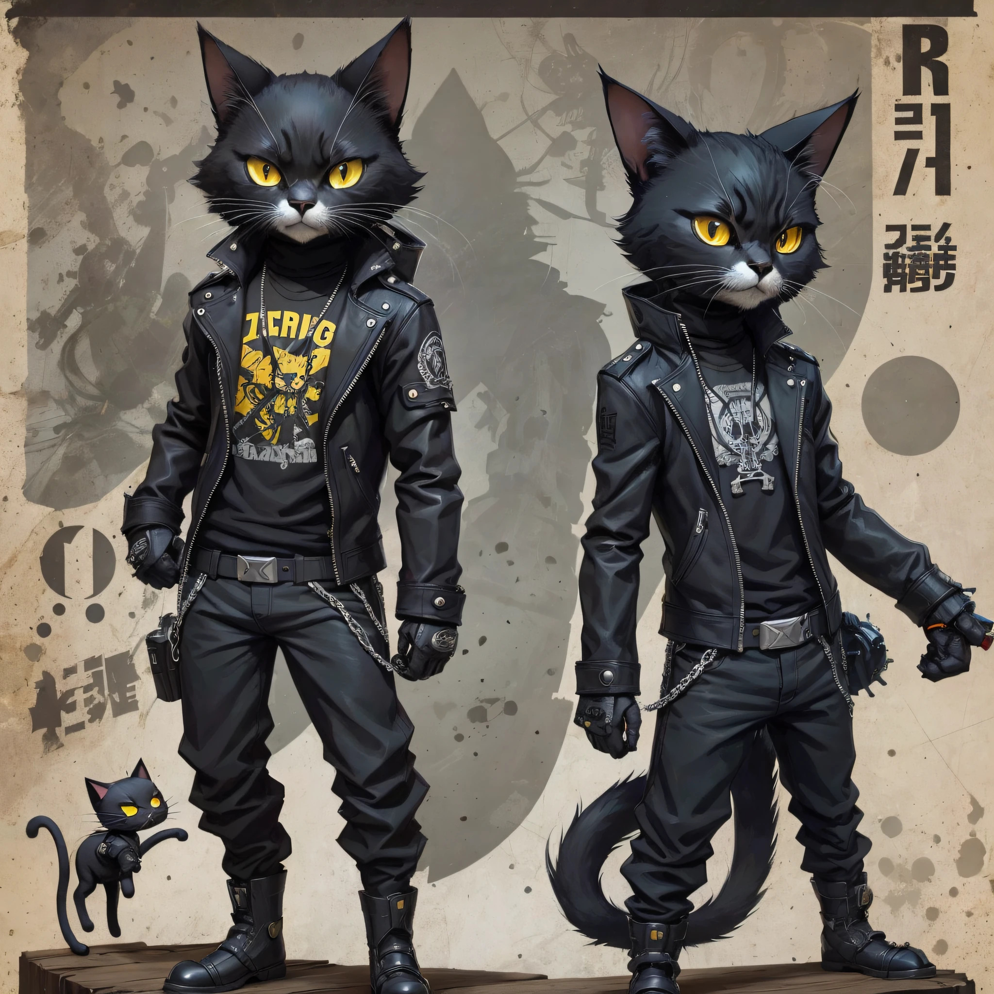 character standing looking forward, (Cat) anthropomorphic black, with black jacket, metalhead, bad boy, cute, cute, short, cartoon, 2D