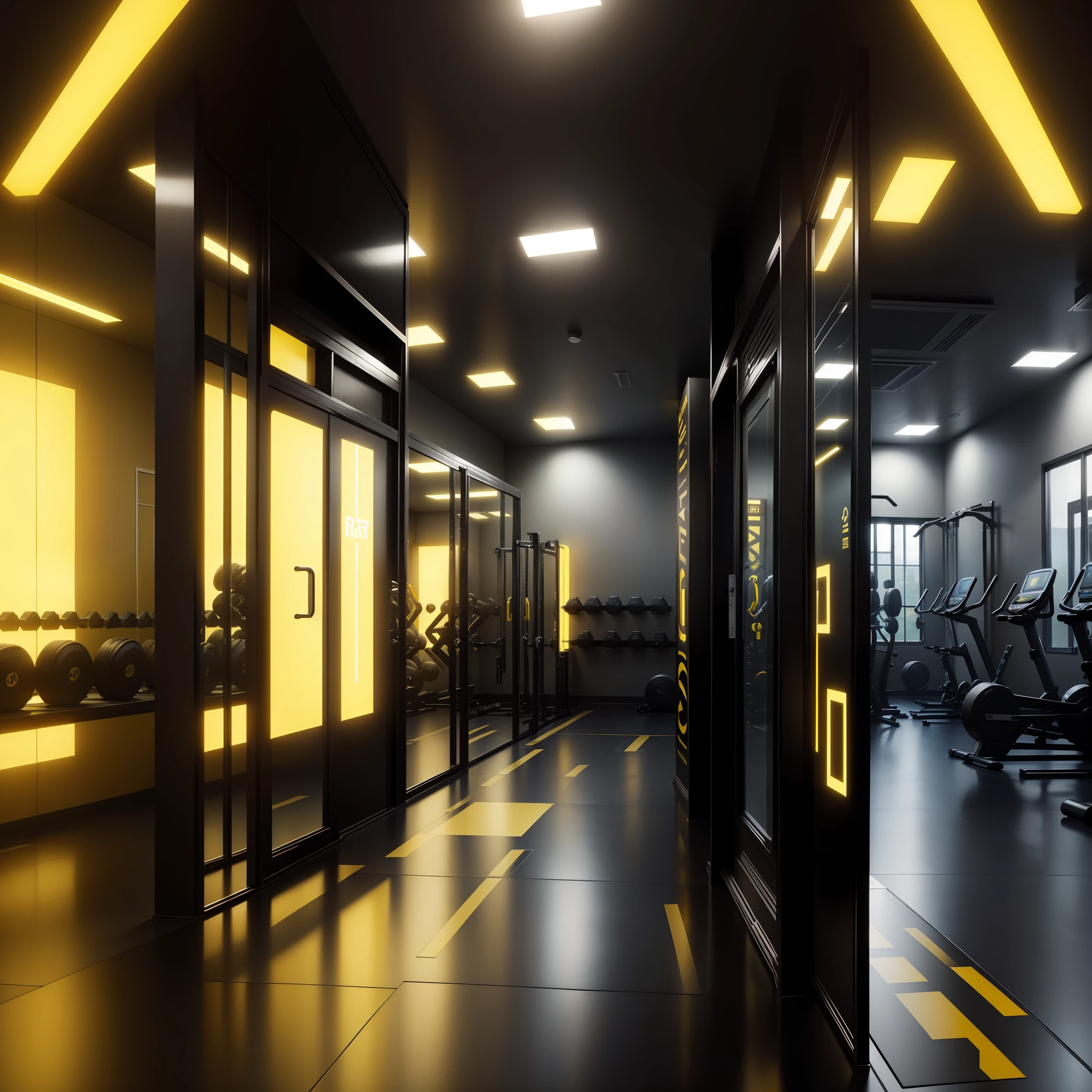 "a gym with a predominance of black and yellow color, brand "FIT OPTION", with futuristic elements and reflected lighting, insert designed, multiple perspectives, room with 10 fitness men, in 4K resolution."