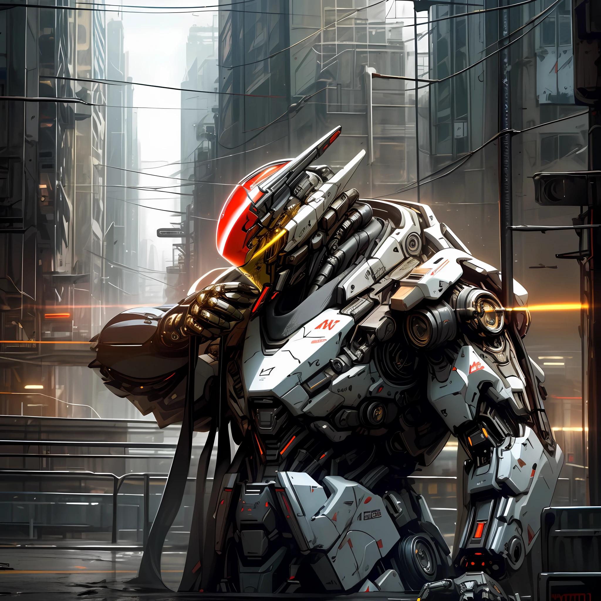 Dark_Fantasy,Cyberpunk, (Best quality, Masterpiece),white,1man,Mechanical marvel,Robotic presence,Cybernetic guardian,wearing a cybernetic jacket,city, highest quality digital art, Stunning art, wallpaper 4k, highly detailed, military robot,army, warzone,black and white, highest quality digital art, Stunning art, wallpaper 4k,8k,64k, HD, unparalleled masterpiece, dynamic lighting, cinematic, epic, damaged mechanical parts