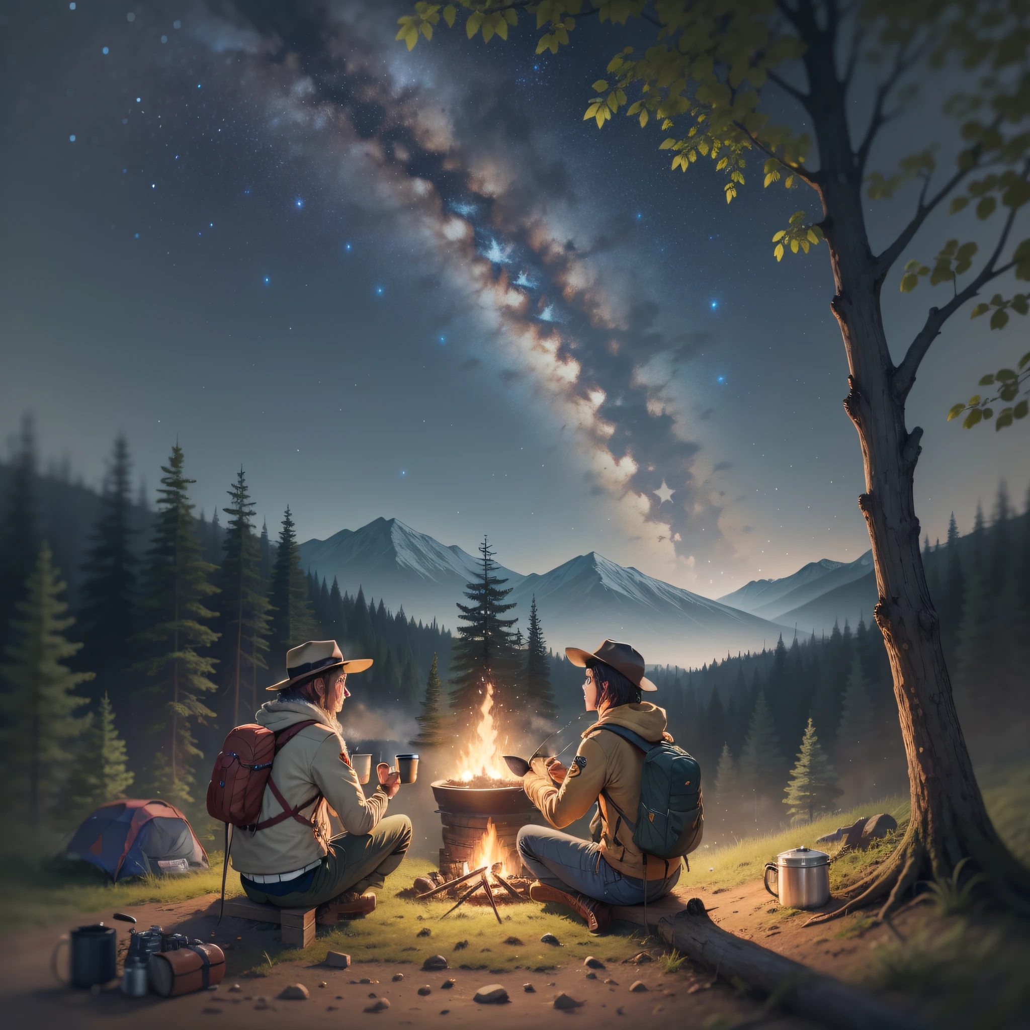 There is one man sitting on a log by a fire in the forest on a summer night, this is a human journey in nature, there is a tent for spending the night nearby, a backpack lies on the ground, there is a metal pot for cooking, a man holds a cup of tea in his hands, there are binoculars, there is water from a stream nearby, a dark night summer sky and sparks from a fire, a hunting dog, night trees, glare from fire, stars in the sky, peace and quiet, free wildlife at night, grass, tree leaves and branches, moon and stars, (masterpiece), best quality, super detailed illustration