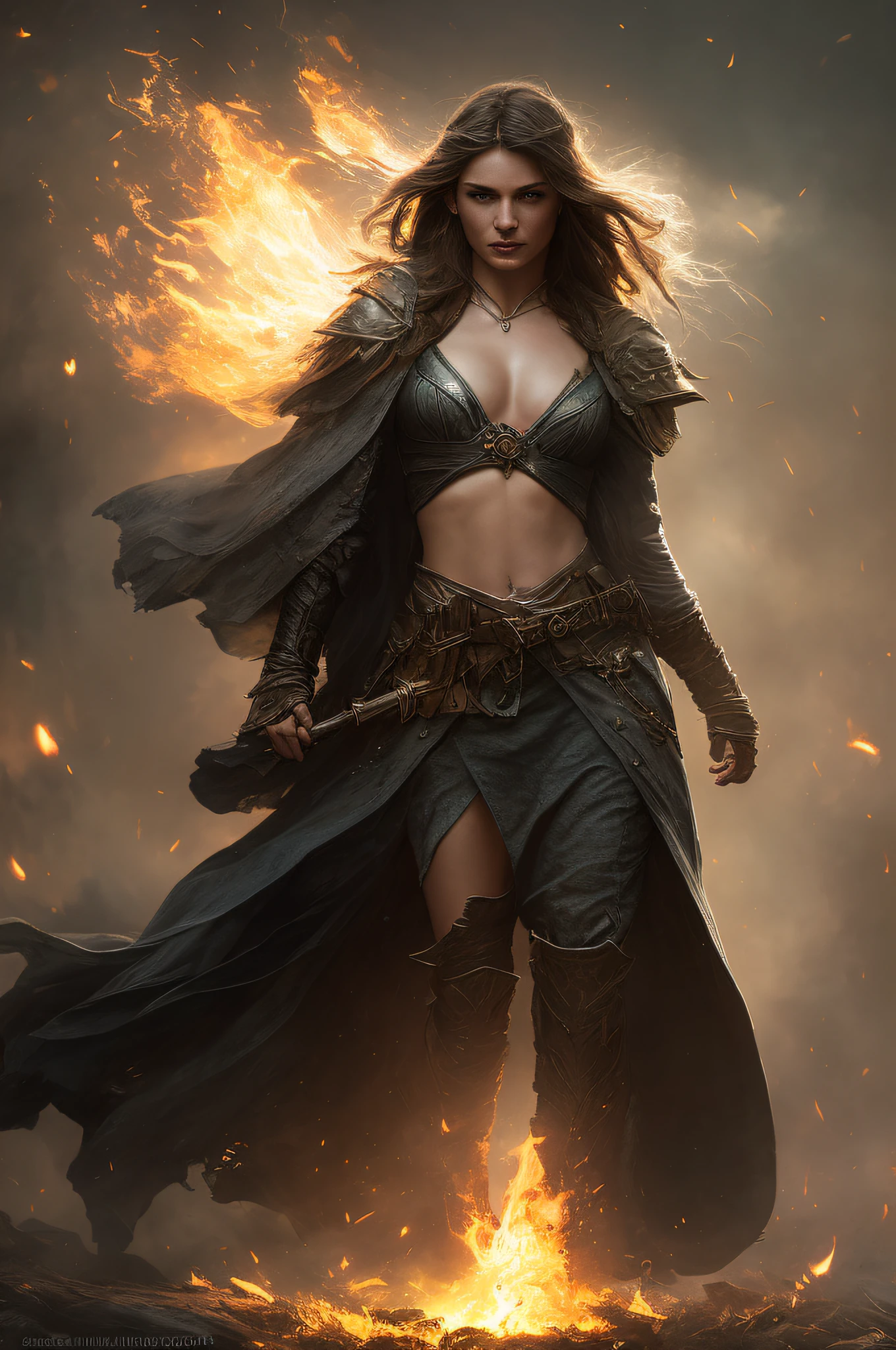 A violent explosion of light striking a woman brightly, cinematic shot on canon 5d, ultra realistic fire skin, intricate clothes, accurate hands, Steve Henderson, Fabian Perez, Henry Asencio, Jeremy Mann, Marc Simonetti, fantasy magic atmosphere, extreme hdr