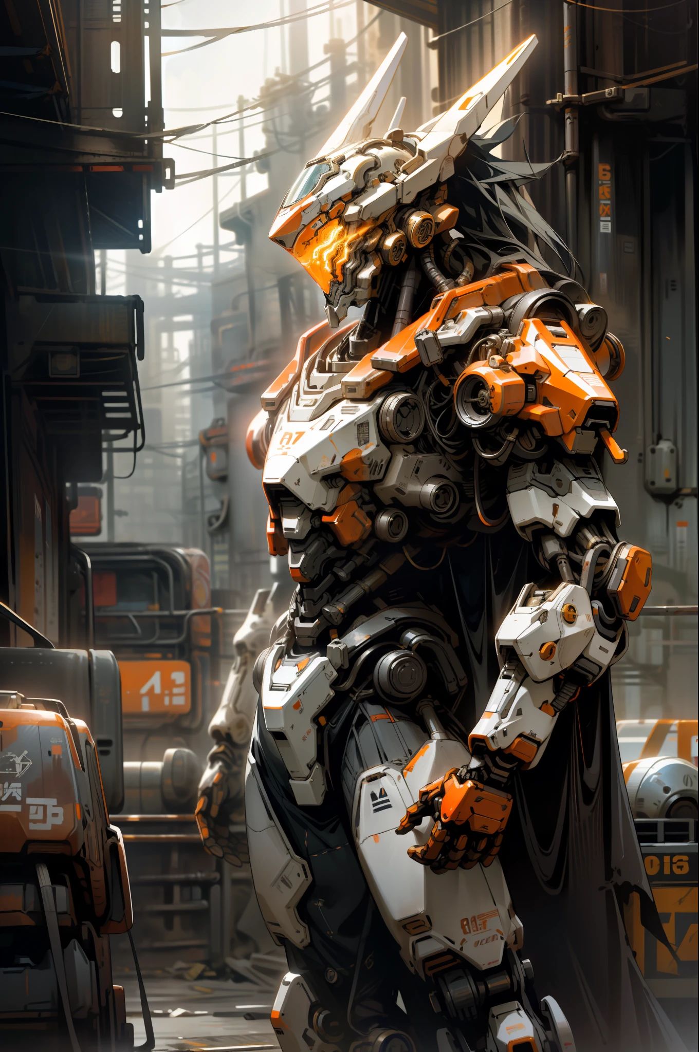 On the moon, barren planet, ruins, holding weapons, no humans, glowing, robot, building, glowing eyes, orange mech, science fiction, city, reality, mecha, galaxy background, full body, neon, cyber Punk, 8K wallpapers, ultra-detailed artwork, cinematic lighting, realistic photos, Dark_Fantasy, Cyberpunk, (chain saw, chain saw man, Red: 1.1), 1man, Mechanical marvel, Robotic presence, Cybernetic guardian, wearing a worn-out machine armor suit, intricate, (steel metal [rust]), elegant, sharp focus, photographed by greg rutkowski, soft lighting, vibrant colors, masterpiece, ((street)), cowboy shot, dynamic pose,
