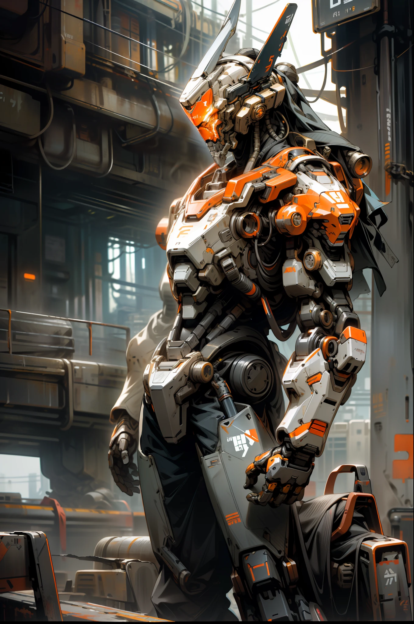 On the moon, barren planet, ruins, holding weapons, no humans, glowing, robot, building, glowing eyes, orange mech, science fiction, city, reality, mecha, galaxy background, full body, neon, cyber Punk, 8K wallpapers, ultra-detailed artwork, cinematic lighting, realistic photos, Dark_Fantasy, Cyberpunk, (chain saw, chain saw man, Red: 1.1), 1man, Mechanical marvel, Robotic presence, Cybernetic guardian, wearing a worn-out machine armor suit, intricate, (steel metal [rust]), elegant, sharp focus, photographed by greg rutkowski, soft lighting, vibrant colors, masterpiece, ((street)), cowboy shot, dynamic pose,