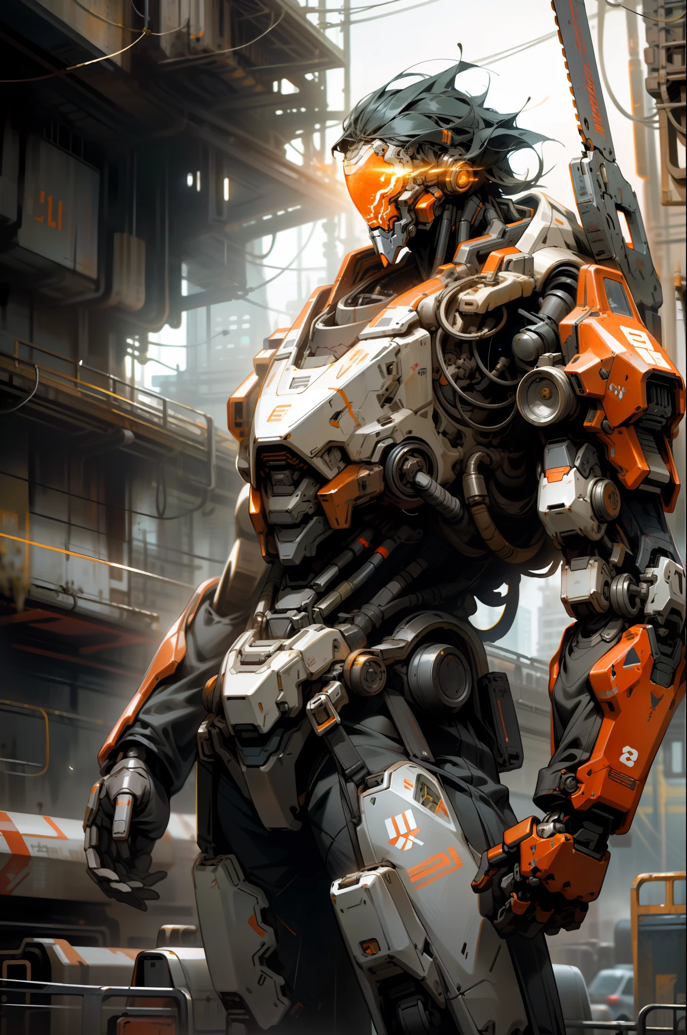 On the moon, barren planet, ruins, holding weapons, no humans, glowing, robot, building, glowing eyes, orange mech, science fiction, city, reality, mecha, galaxy background, full body, neon, cyber Punk, 8K wallpapers, ultra-detailed artwork, cinematic lighting, realistic photos, Dark_Fantasy, Cyberpunk, (chain saw, chain saw man, Red: 1.1), 1man, Mechanical marvel, Robotic presence, Cybernetic guardian, wearing a worn-out machine armor suit, intricate, (steel metal [rust]), elegant, sharp focus, photographed by greg rutkowski, soft lighting, vibrant colors, masterpiece, ((street)), cowboy shot, dynamic pose,