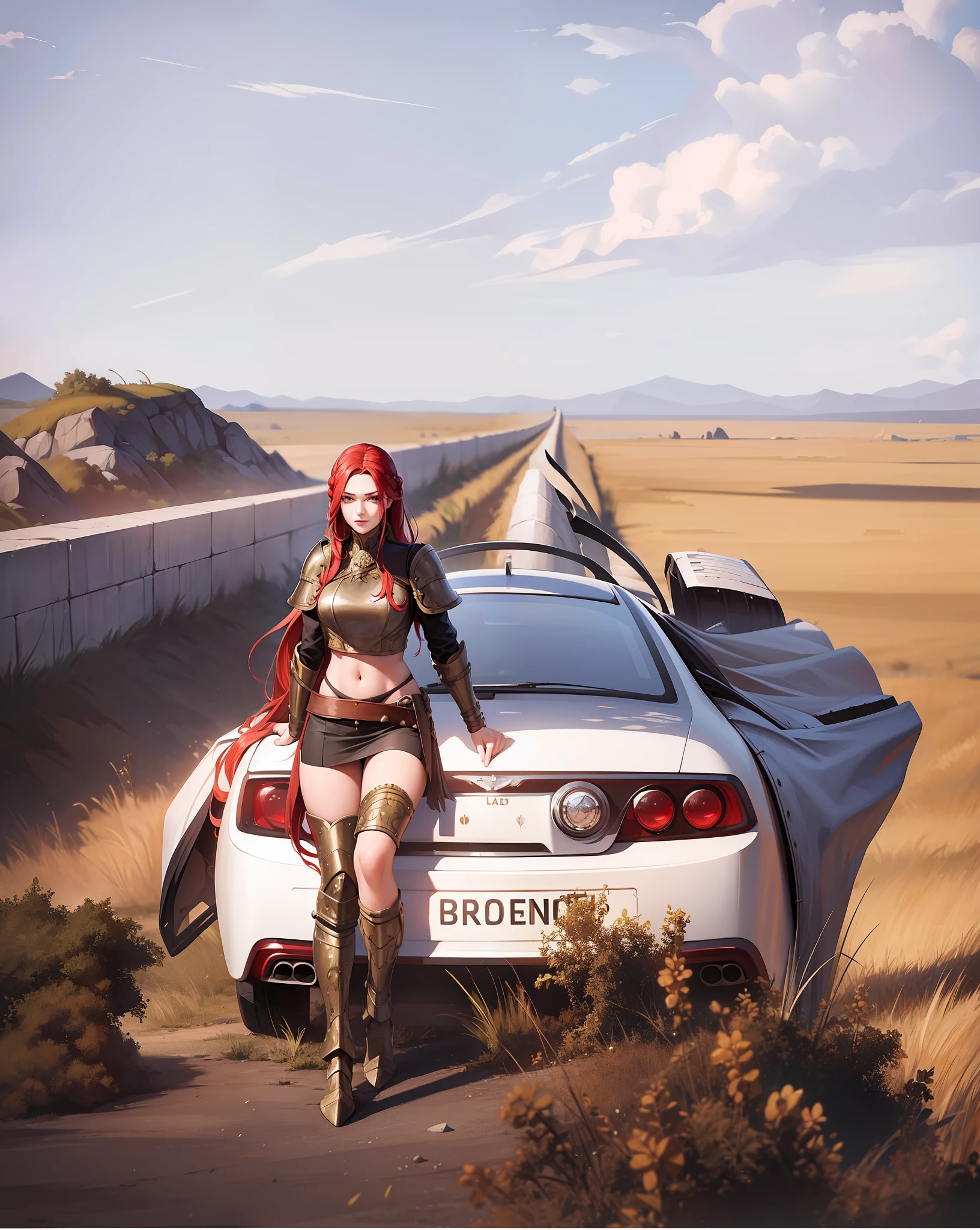 (Masterpiece:1.2), (best quality:1.2), perfect eyes, perfect face, perfect lighting, 1girl, mature woman on a battlefield, absurdly long red hair, crown braid, war_glam, armor, leather skirt, scars, fantasy, detailed background