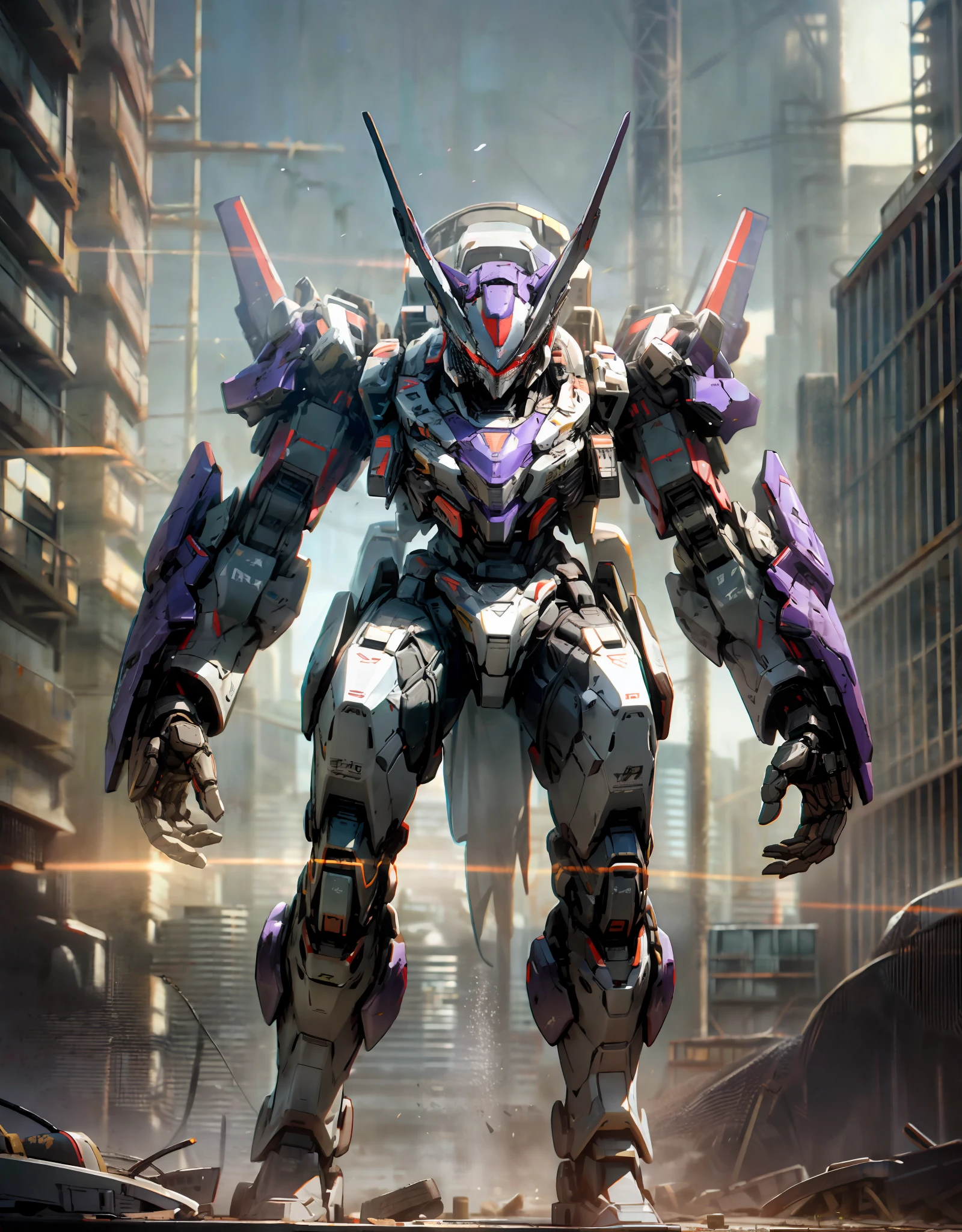 ((High Graphics)), 1 Vanguard Droid, Solo, One Big Red Eye, Dark Purple Decepticon Droid, Standing, (Massive Well-Protected Mecha Mecha Armor), Intricate Glowing Mecha Armor, Full Body Mecha Suit, Mecha Suit, Full Body Mecha Robot, Mecha Body, Cyber Mech, Mecha Armor, Smooth Purple Armor, Ruined City, Photorealistic, Photorealistic, Photo, Masterpiece, Realistic, Realism, Photorealism, High Contrast, Photorealistic Digital Art Trending on Artstation 8k HD High  clarity detailed realistic, detailed, skin texture, hyper-detailed, realistic skin texture, armature, best quality, ultra-high resolution, (photorealistic: 1.4),, high resolution, detailed, raw photo, sharp RE, Lee Jeffries Nikon D850 Film Stock Photo 4 Kodak Portra 400 Camera F1.6 Lens Rich colors Hyper-realistic realistic texture Dramatic lighting UnrealEngine trending on ArtStation Cinestill 800,