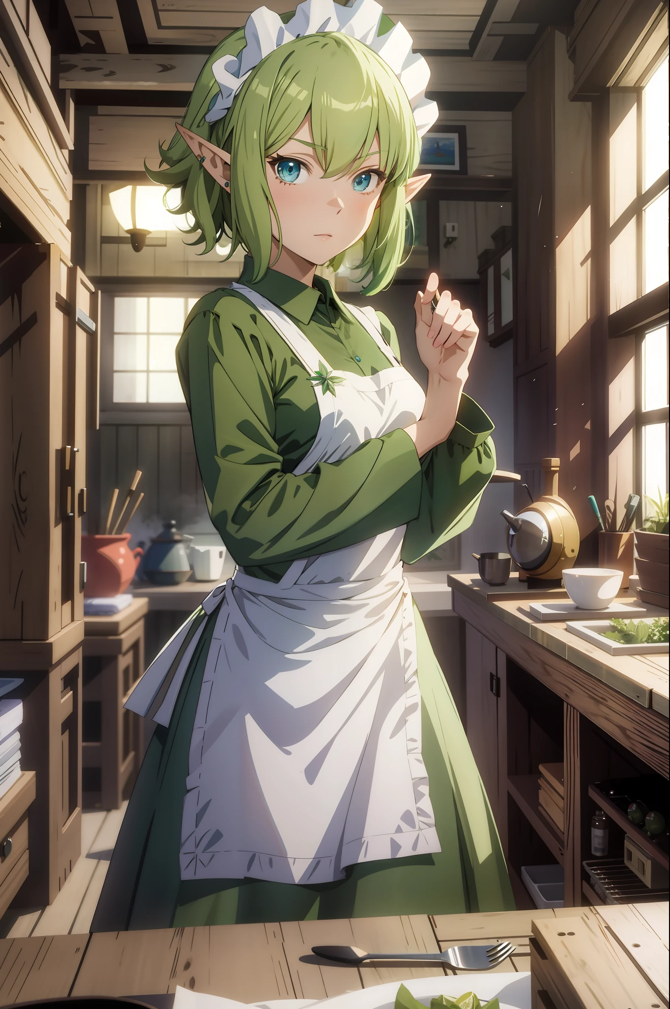 masterpiece,best quality,anime,2d,detailed face, 1girl, solo, pointy ears, blue eyes,green hair, looking at viewer, apron, short hair, maid headdress, holding, dress, green dress, standing, from side, maid, long sleeves, indoors, white apron, elf,medium breasts,
(anime screencap:0.6),