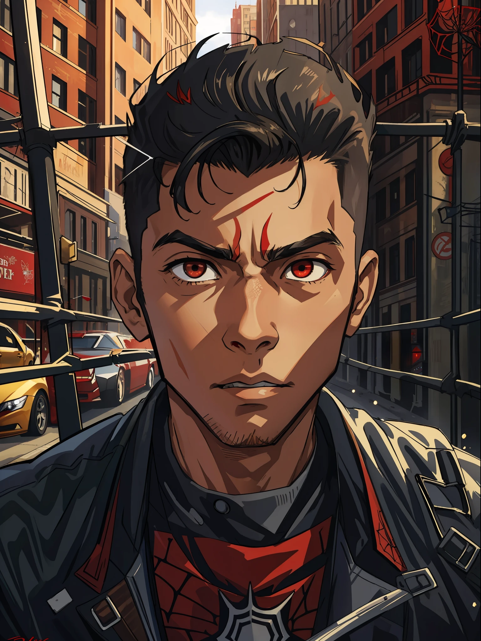 (masterpiece, best quality), intricate details, 8k, artstation, wallpaper, official art, splash art, sharp focus,
Boy, mohawk hair, red eyes, black hair, brown skin,
spider suit, spider web printing, spider web,
skyscrapers, city, buildings, cars, street,