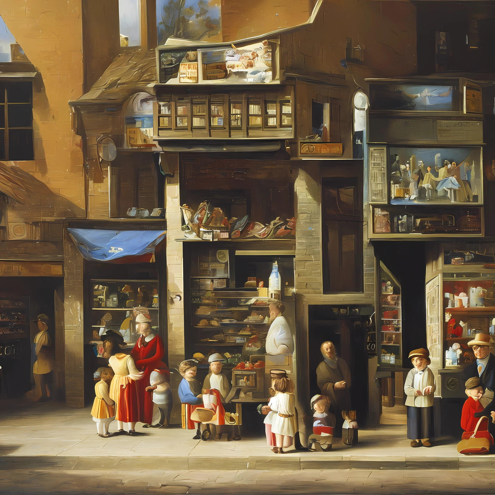 Oil painting, ancient times, a very rustic grocery store, with a counter full of sweets, a child shopping and an old gentleman attending to the child who is with his skinny pet dog