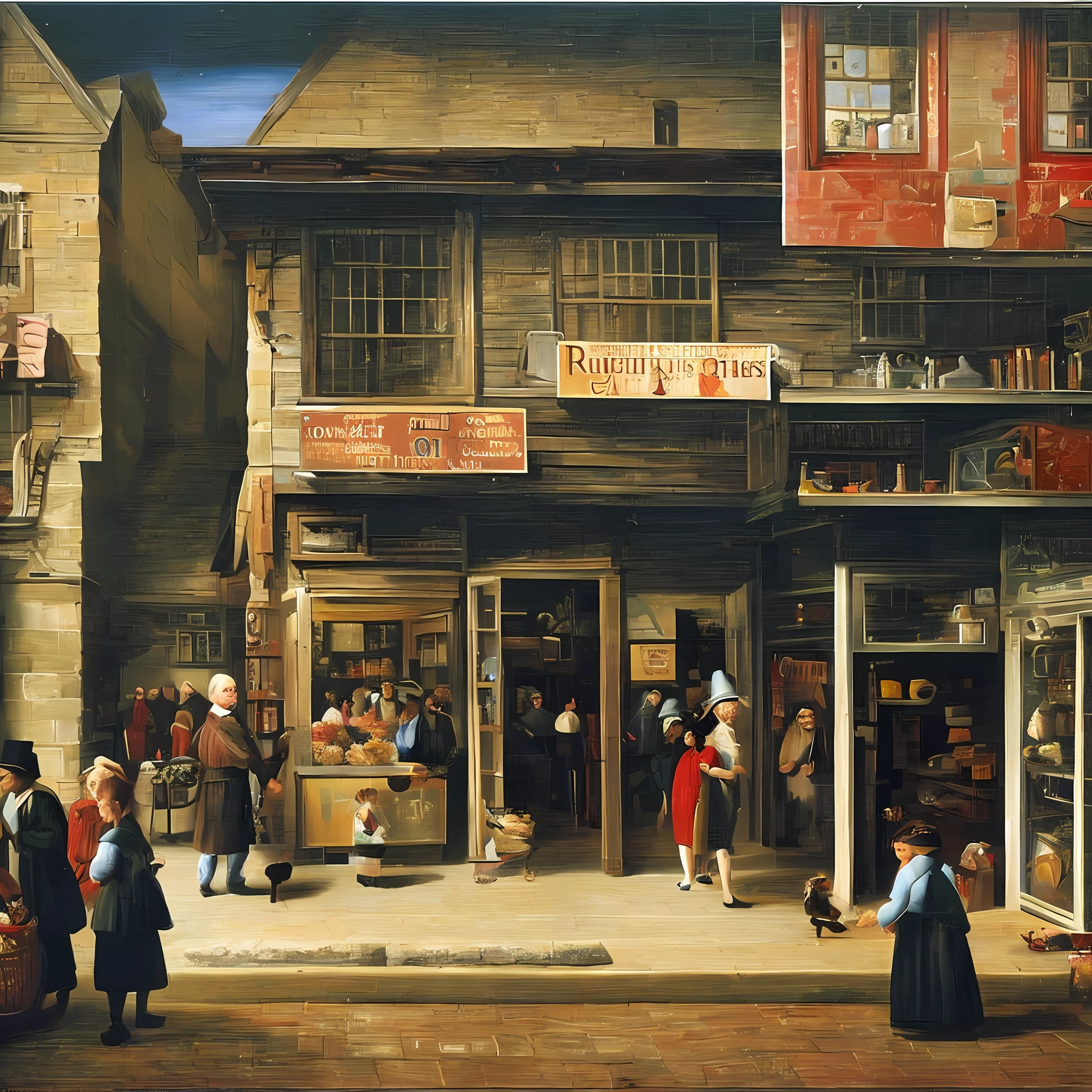 Oil painting, ancient times, a very rustic grocery store, with a counter full of sweets, a child shopping and an old gentleman attending to the child who is with his skinny pet dog