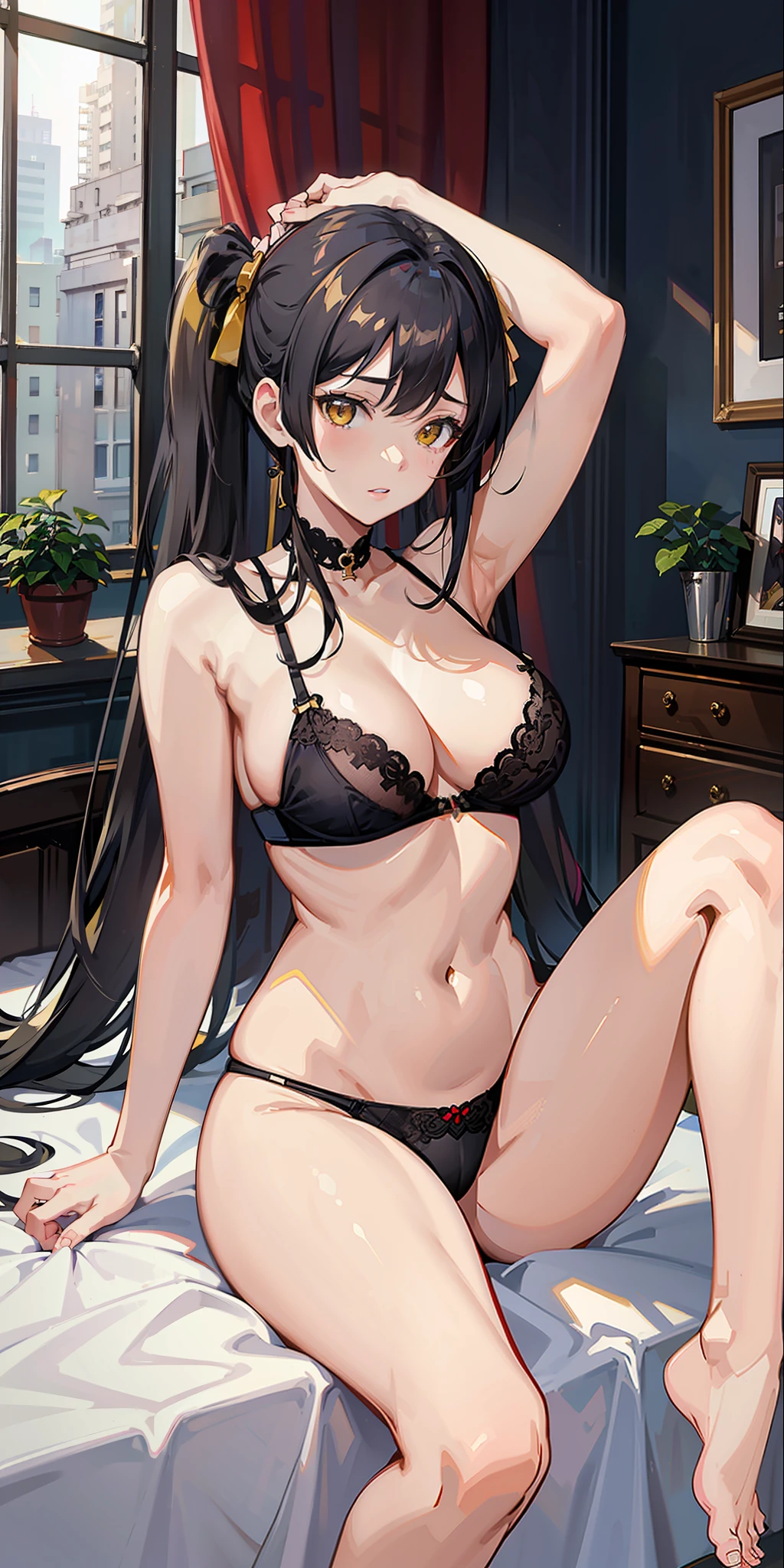 Masterpiece, top quality, high resolution, solo, large breasts, yellow eyes and twintail black hair, indoors, bra, thong, (reaching: 1.2), open arms, sitting on the bed cross-legged, shaggy underwear, sensual expression,