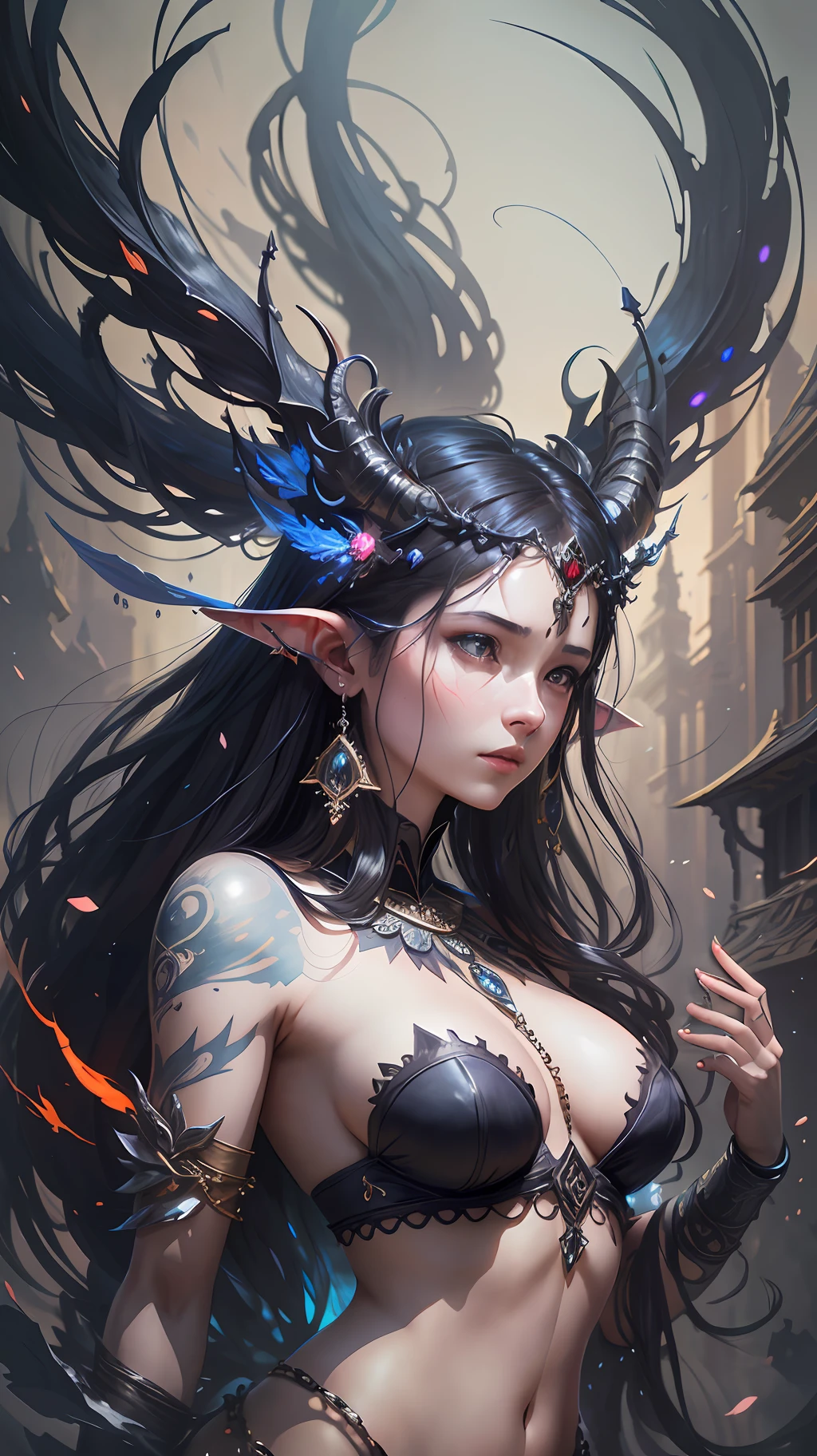 Beautiful photorealistic photograph of demonic woman wearing delicate intricate jewelry chains, small horns, asian eyes, huge breasts, full body, dynamic pose, ethereal background, abstract beauty, approaching perfection, pure form, concept art, by Brian Froud and Carne Griffiths and Wadim Kashin and John William Waterhouse, intricate details, 8k post production, high resolution, hyperdetailed, trending on artstation, sharp focus, studio photo, intricate details, highly detailed, by greg rutkowski