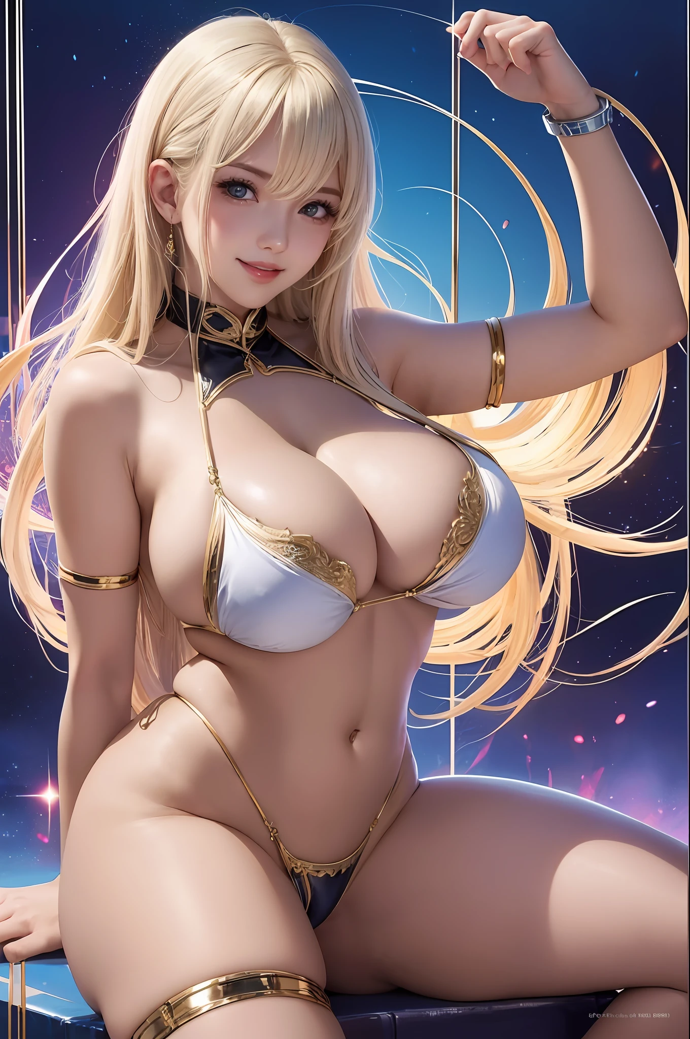 best quality, illustration, illustration, one girl, huge breasts, big breasts, hanging breasts, simple background, posing, smile, half naked, long string bikini, glamorous, 8k, perfect, racy micro bikini, shiny oiled skin
