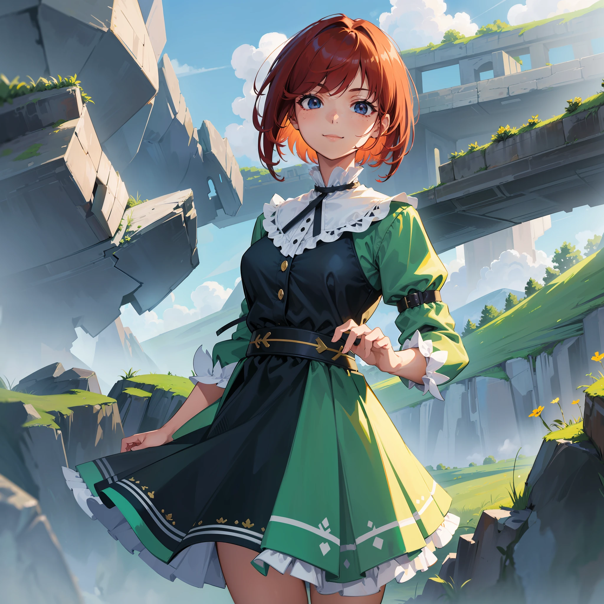 A girl adventurer standing in the great grassland. The magnificent blue sky with big clouds. She is wearing a green work attire with multiple pockets and slightly darker green shorts. (Masterpiece:1.2), (Fractal Art:1.3), Charming 17 years old, Volumetric lighting, Best shadows, Shallow depth of field, Amazingly fun girl portrait, One person on screen, Best ratio of four fingers to one thumb, Masterpiece, Detail high resolution, Realistic, Matching hairstyle and face shape, Best face resolution, Adult, Modest outfit, Beautiful detailed delicate face, Detailed beautiful delicate eyes, perfect facial proportions, detailed skin, fine skin, petite, delicate and attractive face, attractive black eyes, happy smile, mouth closed, nice middle breasts, (red hair), short hair, freckles, thick eyelashes, slim waist, (best quality, amazing details:1.25), vivid colorful painting, (big:1.3), solo,